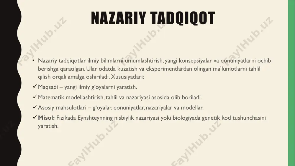 alarda o‘zining o‘rni va ahamiyatiga ega. bunday tadqiqotlar insoniyat bilimlarini boyitadi, texnologik innovatsiyalarni yaratadi va jamiyatning rivojlanishiga katta hissa qo‘shadi. tadqiqotlarning muvaffaqiyatli amalga oshirilishi uchun ilmiy metodologiyalarga asoslanish va to‘g‘ri metodlarni tanlash muhim ahamiyatga ega.