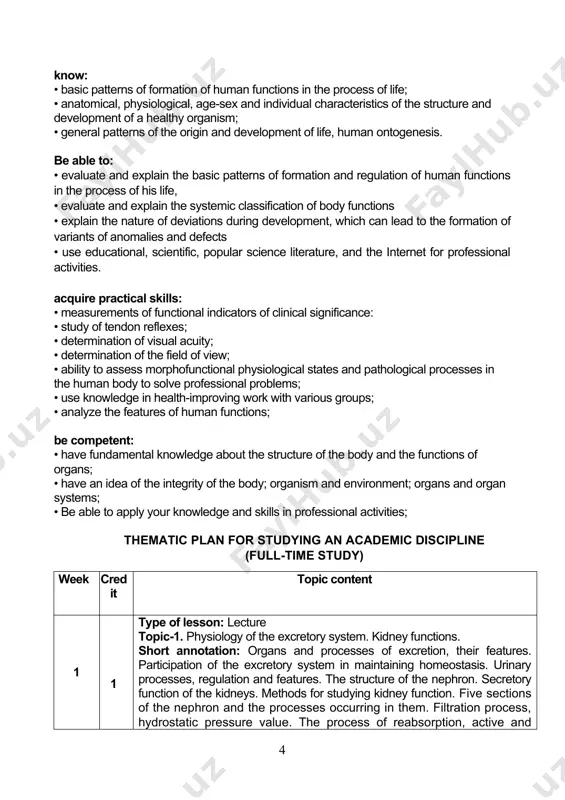pe of lesson: practical lesson. topic-1. physiology of excretory function. kidney functions. short annotation: organs and excretory processes, their features. participation of the excretory system in maintaining homeostasis. urinary processes, regulation and features. the structure of the nephron. secretory function of the kidneys. methods for studying kidney function. five sections of the nephron and the processes occurring in them. filtration process, hydrostatic pressure value. the process of reabsorption, active and passive transport of substances. the process of secretion and its significance for the body. factors influencing urine formation. the effect of the antidiuretic hormone, adrenaline on the amount of urine. diuresis. topic plan: 1. organs of excretion, the physiological process of excretion and its features. 2. participation of the excretory system in maintaining homeostasis. 3. the structure of the nephron. 4. processes of urine formation. 5. secretory function of the kidneys. 6. methods for studying renal function. - processes of …