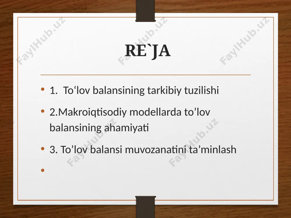 va xizmatlar eksporti kredit (+) tovarlar va xizmatlar importi debet (-) moliyaviy majburiyatlarning oshishi kredit (+) moliyaviy aktivlarning oshishi debet (-) majburiyatlarning kamayishi debet (-) aktivlarning kamayishi kredit (+). real va moliyaviy operatsiyalar. to‘lov balansi real va moliyaviy oqimlardan tarkib topgan. real oqimlar – bu tovarlar va xizmatlar bilan amalga oshiriladigan (import, eksport, etkazib berish) operatsiyalar mahsuli. transfertlar. milliy chegaralar orqali beg‘araz transfertlar bir tomonlama amalga oshirilgan operatsiyalarni o‘zida namoyon etadi. faraz qilaylik, yaponiya hukumati o‘zbekistonga jamoat transporti uchun bir necha avtobusni topshirdi. rezidentlik. to‘lov balansida rezidentlik konsepsiyasi operatsiya ishtirokchisining millatiga emas, balki uning iqtisodiy manfaatining markaziga asoslanadi. mazkur amaliyot milliy hisobvaraqlar tizimi (mht)da qo‘llaniladi. makroiqtisodiy modellarda joriy operatsiyalar balansi qoldig’i quyidagicha beriladi: makroiqtisodiy modellarda joriy operatsiyalar balansi qoldig’i quyidagicha beriladi: x – m = xn = y-(s+i+g) bu erda: x - eksport; m – import, xn - sof eksport, s + i + g - absorbtsiya joriy operatsiyalar balansida …