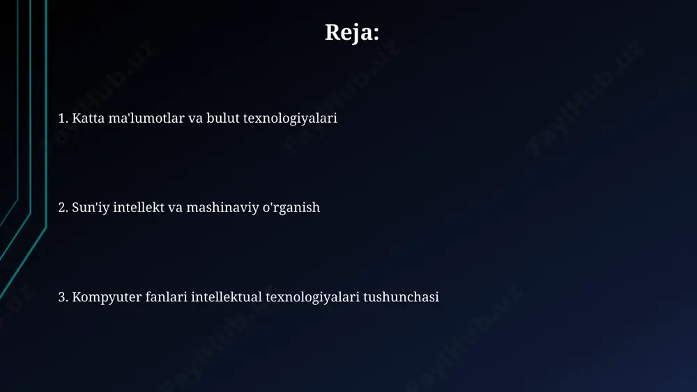 h xavfini kamaytirish uchun kamida 3 marta zahira nusxasi yaratish va ularni turli xil joylarda saqlash tavsiya etiladi, bu esa 99,9% ga yaqin ma'lumotlarni tiklash imkoniyatini ta'minlaydi. kelajakdagi istiqbollar va rivojlanish yo'nalishlari kvant kompyuterlari hisoblash quvvatining eksponent o'sishi tufayli, 5-10 yil ichida yangi avlod ai tizimlarini yaratishga imkon beradi. kelajakda sun'iy intellekt algoritmlarining murakkabligi 100 baravarga oshib, katta hajmdagi ma'lumotlarni (big data) tahlil qilish imkoniyatlarini kengaytiradi. mashinani o'rgatishning chuqur o'rganish (deep learning) usullari takomillashib, insoniy darajadagi murakkab muammolarni, masalan, tibbiyot diagnostikasini 95% aniqlikda hal qilishga yordam beradi. axborotni vizualizatsiya qilish big data tahlilida axborotni vizualizatsiya qilish vositalari, masalan, 100 millionlab qatorlardan iborat jadvallarni taqdim etish va tahlil qilishda, inson miyasining ma'lumotlarni qabul qilish qobiliyatini sezilarli darajada oshiradi. samarali axborotni vizualizatsiya qilish uchun kamida 5 ta asosiy elementlarni, masalan, ma'lumotlar manbai, maqsadli auditoriya, vizualizatsiya turi, rang sxemasi va interaktivlik darajasini hisobga olish kerak. axborotni vizualizatsiya qilish 2d va 3d grafikalar, xaritalar …