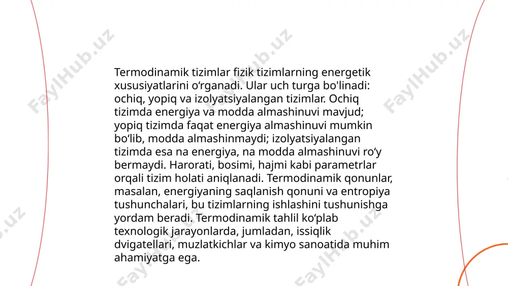 i. ushbu tushuncha texnik va energetik tizimlarni loyihalashda muhim ahamiyatga ega. ... t.me/slaydai_bot 13. isitish va sovitish tizimlari isitish va sovitish tizimlari hozirgi kunda energiya tejash va qulaylikni ta'minlash uchun muhim sanaladi. isitish tizimlari asosan gaz, elektr yoki qattiq yoqilg'ida ishlaydi. sovitish tizimlari esa havo konditsionerlari va ventilyatsiya orqali amalga oshiriladi. samarali tizimlar energiya iste'molini 30-50% gacha kamaytirishi mumkin. o'zbekistonda yangi qurilishlarda zamonaviy isitish va sovitish tizimlari qo'llanilmoqda. haroratni optimal darajada saqlash odamlarning produktivligini oshiradi va yashash sharoitlarini yaxshilaydi. yiliga o'rtacha 4-6% energiya tejash mumkin. zamonaviy tizimlar avtomatlashtirilgan va masofadan boshqarish imkoniyatiga ega. termodinamikaning 1-qonuni muhammadqulova shahlo e'tiboringiz uchun raxmat! image1.png image2.png image3.png image4.png image5.png image6.png image7.jpg image8.png image9.png /docprops/thumbnail.jpeg