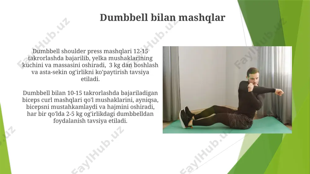 kamaytiradi. jihozlarsiz mashqlar kundalik 15 minutlik jihozsiz mashqlar, mushak kuchini oshirishga va umumiy jismoniy holatini yaxshilashga yordam beradi, ayniqsa, yog' to'qimalarining kamayishiga ta'sir qiladi. jihozsiz mashqlar yordamida 30 kun ichida 3 kg gacha vazn yo'qotish mumkin, agar haftasiga kamida 5 marta, har bir mashqni 3 ta 15 takrorlashda bajarilsa. tana vaznini ishlatadigan mashqlar tana vaznini ishlatadigan mashqlar, masalan, turli xil turdagi plank (30 soniyadan 1 minutgacha) mushaklarning chidamliligini oshirishga yordam beradi va qo'shimcha jihozlarni talab qilmaydi. burpee, jumping jack kabi plyometrik mashqlar yurak-qon tomir tizimini mustahkamlaydi va 15-20 takrorlashda sezilarli kaloriyalarni yo'qotishga yordam beradi. fitball bilan mashqlar fitbol ustida turli burchaklar ostida o'tirish va tik turish 15 marta takrorlanadigan mashqlar orqali muvozanatni rivojlantirish va postural mushaklarni kuchaytirishga yordam beradi. fitbol yordamida 30 soniyali plank mashqlari mushaklaringizni mustahkamlash va yadro mushaklaringizni faollashtirishga yordam beradi, bu esa muvozanatni yaxshilashga olib keladi. e'tiboringiz uchun rahmat @taqdimot_robot image1.jpg image2.jpg image3.jpg image4.jpg image5.jpg image6.jpg image7.jpg …