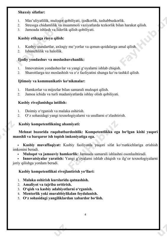 liyatda yuqori sifat ko‘rsatkichlariga erishish imkonini beradi. · muloqot va jamoaviy hamkorlik: jamoada samarali ishlashni osonlashtiradi. · innovatsiyalar yaratish: yangi g‘oyalarni ishlab chiqish va ilg‘or texnologiyalarni joriy qilishga yordam beradi. kasbiy kompetentlikni rivojlantirish yo‘llari: 1. malaka oshirish kurslarida qatnashish. 2. amaliyot va tajriba orttirish. 3. o‘qish va kasbiy adabiyotlarni o‘rganish. 4. mentorlik yoki murabbiylikdan foydalanish. 5. o‘z sohasidagi yangiliklardan xabardor bo‘lish. xulosa: kasbiy kompetentlik — muvaffaqiyatli professional faoliyatning asosidir. bu shaxsning kasbiy o‘sishi, rivojlanishi va bozor talablariga moslashuvchan bo‘lishida katta ahamiyatga ega. kasbiy kompetentlikni shakllantirishda ijodkorlik va kreativlik muhim rol o‘ynaydi, chunki bu sifatlar shaxsning kasbiy faoliyatini yanada samarali, moslashuvchan va innovatsion qilishga yordam beradi. bugungi kunda mehnat bozori va texnologiyalar tezkor o‘zgarayotgan bir davrda ijodkorlik mutaxassisning raqobatbardosh bo‘lishida hal qiluvchi ahamiyatga ega. ijodkorlik va kreativlikning kasbiy kompetentlikdagi o‘rni: muammolarni yechishda yangi yondashuv: 1. kreativlik kasbiy vaziyatlarda muammolarni odatdagi usullardan tashqarida yechishni ta’minlaydi. 2. shaxs ijodiy fikrlash orqali tezkor va …