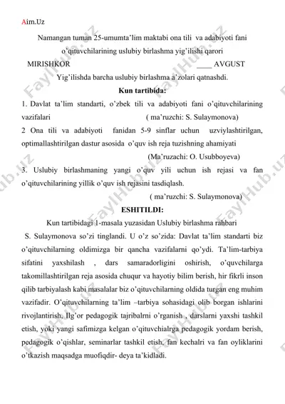 ona tili va adabiyoti fani o‘qituvchilarining uslubiy birlashma yig‘ilishi qarori — DOCX