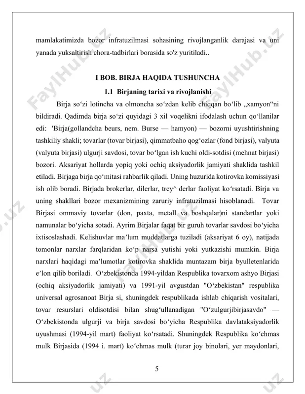 zlangan respublika birja markazi ishga tushirildi. birja savdosi har bir mamlakatda muayyan qonunlar majmui asosida tartibga solinadi. qonunlar narxlar bilan qalloblik qilishni hampa bankropmiknint oldini olish maqsadlarini koʻzlaydi. jahondagi rivojlangan mamlakatlarda keyingi 20 yil ichida birja savdosini qonunchilik yoʻli bilan tartibga solish kuchaydi. ilgari koʻpgina mamlakatlarda birja muomalasi, asosan, birjaning oʻzida ishlab chiqilgan meʼyor hamda qonunlar asosida tartibga solinar edi. aqshda 1973-yildan fyuchers birjalari ishini barcha tovar fyuchers savdosi boʻyicha komissiya boshqaradi. uning xodimlari tarkibini prezident tayinlaydi va kongress tasdiklaydi. angliyada 1986-yilgacha tovar birja si faoliyatini angliya banki kuzatib turgan, 1986-yildan bu vazifani qimmatbaho qogʻozlar va investitsiya boʻyicha kengash bajaradi. fransiyada bunday boshqarish fyuchers tovar bozori boʻyicha komissiyaga, yaponiyada turli vazirliklar (moliya, qishloq xoʻjaligi, tashqi savdo hamda sanoat)ga yuklatilgan. oʻzbekistonda 1992-yil 2iyulda “birjalar va birja faoliyati toʻgʻrisida” qonun qabul qilindi. 1992-yil martdan vazirlar mahkamasi qarori bilan birjalar ishini muvofiqlashtiruvchi oʻzbekiston respublikasi birjalari kengashi tuzildi, 1995-yil sentabrda respublika moliya vazirligi qoshida …