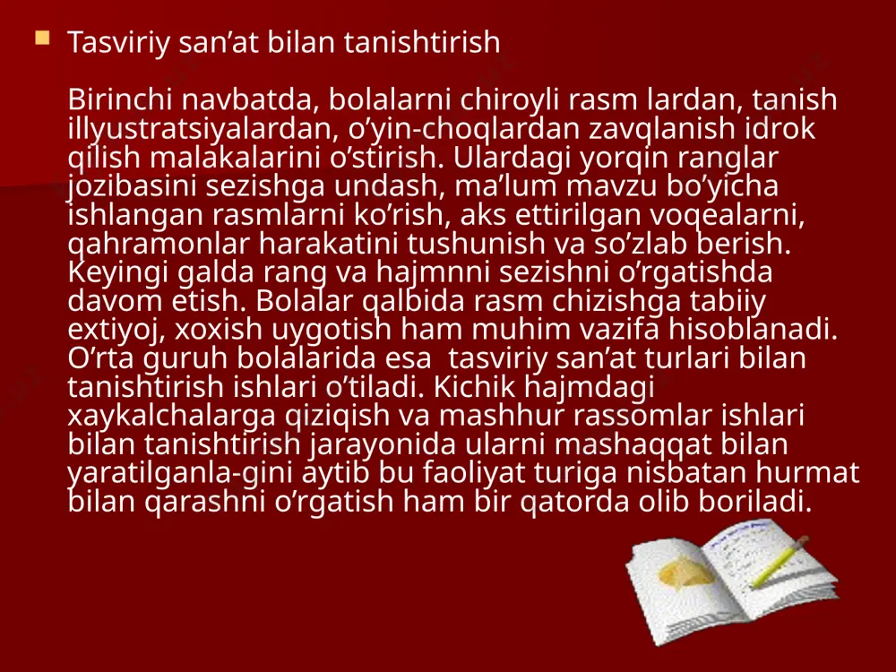 osatdan dars beradigan estetik tarbiyaning maktabgacha yoshdagi bolalar ta’lim- tarbiyasidagi ilk bosqichidir. zero uni “badiiy tarbiya tushunchasi ” deb qarash ham mumkin. bunda albatta o’zbek xalqi o’tmishidagi boy, milliy, madaniy merosiga, badiiy boyliklariga nisbatan qiziqish, badiiy idrok, hurmat, qadr tuyg’ulari ilk kurtaklarini yoyadi. go’zallikka oshno qalblardan esa hech qachon buzg’unchilik, vayronagarchi-lik kabi xislatlar shakllanmaydi. image1.png image2.gif image3.jpeg image4.jpeg image5.jpeg image6.wmf image7.gif image8.gif