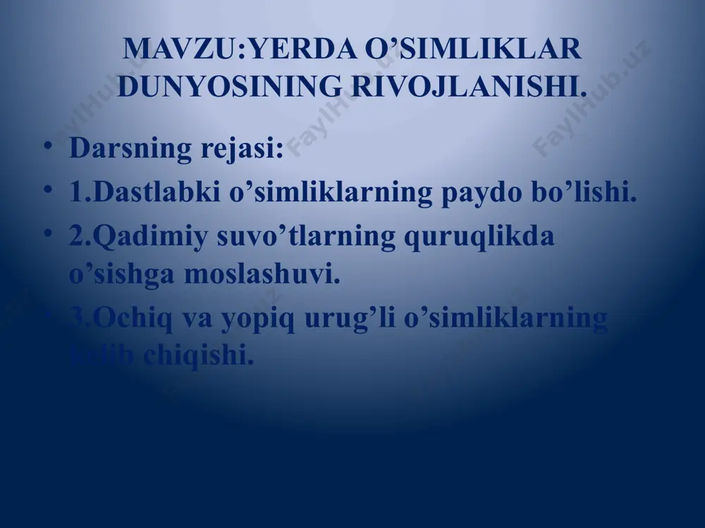 atish mumkin.ularda ildiz va barglar bo’lmagan,shoxlangan poya shoxlar uchida sporangiylar bo’lgan.ularning bo’yi 50-70 sm,poyasining yo’g’onligi esa 5-10 sm ga yetgan. bu o’simliklar million yillar davomida quruqlikda yashashga moslashib,o’zgarib borgan. riniya va psilofitlar-qadimgi o’simliklar qadimgi qirqquloqlar va qirqbo’g’imlar. bundan 400-230 million yillar avval dastlabki quruqlikka chiqqan o’simliklardan qirqquloqlar va qirqbo’g’imlar,plaunlar paydo bo’lgan.bu davrda ,qirqquloqsimonlarning o’sishi va rivojlanishi uchun qulay sharoit vujudga kelgan hamda bo’yi 25-30 m,yo’g’onligi 1-1,5 m keladigan daraxtsimon qirqbo’g’imlar va daraxtsimon qirqquloqlar paydo bo’lgan.shu davrning oxirlarida qirqquloqlardan urug’li qirqquloqlar vujudga kelgan. bundan 200 million yillar ilgari urug’li qirqquloqlardan ochiq urug’li o’simliklar paydo bo’lgan. yangi,murakkab hayot sharoiti qirqquloqsimonlar uchun noqulay bo’lib,ularning ayrimlari yo’qola boshlaydi.ularning ko’pchiligi,ayniqsa,daraxt va buta shaklidagilari yo’qolib ketgan.ularning qoldiqlarini faqat qazilma holida uchratish mumkin.qirqquloqsimonlarning o’rnini sekin-asta quruq iqlimga yaxshi moslashgan ochiq urug’li o’simliklar egallay boshlagan. bundan 140 million yillar ilgari,urug’li qirqquloqlarning shu davrgacha saqlanib kelgan vakillaridan yopiq urug’li o’simliklar paydo bo’lgan. iqlim tobora quruqlashib borishi bilan urug’li qirqquloqlarning …