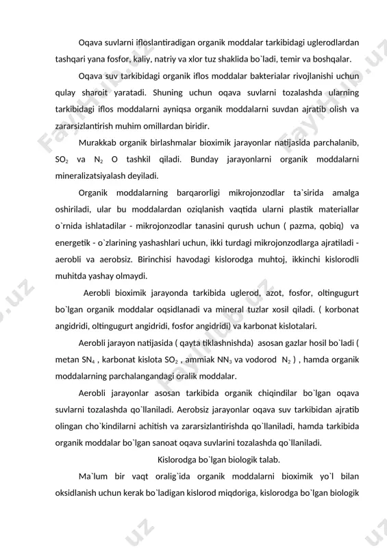 oddalarning bir qismi mikrojonzodlarni o`stirish uchun sarflanadi, bu holatni kbbt hisobga olinmaydi. shuning uchun oqava suvdagn organik moddalarning miqdorini to`larok aniqlash uchun kislorodga kimyoviy talab (kbxt) qiymati aniqlanadi. organik moddalarning tarkibidagi uglerodni karbonat angidridiga, vodorodni suvga, azotni ammiakka, oltingugurtni oltingugurt angidridiga aylantirish uchun sarflanadigan kislorodning umumiy miqdoriga kislorodni kimyoviy bo`lgan talab deyiladi. (kbbt). adabiyotlar: 1. abdullaev o., toshmatov z., uzbekiston ekologiyasi bugun va ertaga. t. fan, 1992 y. 2. rafikov a.a., geoekologik muammolar. t.ukituvchi, 1997, 112b. 3. otaboev sh., nabiev m. inson va biosfera. t.ukituvchi, 1995, 320 b. 4. tuxtaev a.s. ekologiya. t.ukituvchi, 1988, 192b. 5. shodimetov yu. ijtimoiy ekologiyaga kirish. t.ukituvchi, 1994. 6. www.ziyonet.uz