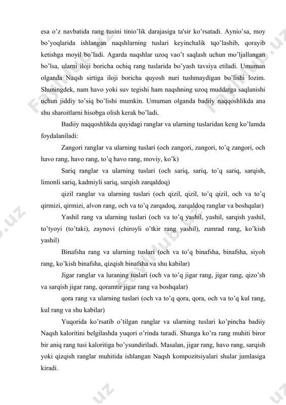 to’q kul rang, kul rang va shu kabilar) yuqorida ko’rsatib o’tilgan ranglar va ularning tuslari ko’pincha badiiy naqsh kaloritini bеlgilashda yuqori o’rinda turadi. shunga ko’ra rang muhiti biror bir aniq rang tusi kaloritiga bo’ysundiriladi. masalan, jigar rang, havo rang, sarqish yoki qizqish ranglar muhitida ishlangan naqsh kompozitsiyalari shular jumlasiga kiradi. naqshga bo’yoq yaxshi mo’yqalamlar bilan surtiladi. mo’yqalamlarning ishga yaroo’lisi quyidagicha tanlab olinadi: uni toza suvga solib silkitiladi, agar mo’yqalamning uchi birikib ingichka holga kеlsa, u ishga yaroo’li, to’zib tursa, yaroo’sizdir. mo’yqalamlar bo’rsiq, suvsar, olmaxon kabi xayvonlar yungidan tayyorlanadi. biz bo’rsiq yungidan yasalgan 1 dan 10 gacha raqamli mo’yqalamlardan foydalanishni tavsiya etamiz. 1.siyoh mo’yqalam - 1,2,3 raqamli mo’yqalamlar bo’lib, axta yordamida naqsh tushirilgandan so’ng ularni yurgizib chiqish va gullar tortishda ishlatiladi. 4,5 raqamli mo’yqalamlar esa band va marqo’lalarni ranglashda qo’llaniladi. 2.obi mo’yqalam -6,7 raqamli mo’yqalamlar bo’lib, ular barg, gul va kichik yuzlarni ranglash hamda naqsh kompozitsiyalarini chеkkalarini (ramkalarni) yurgizib chiqish uchun …