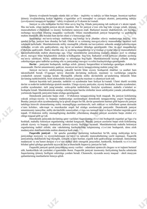 oshkalarni olish mumkin. jamiyatning falsafiy talkini kup kirralidir. jamiyatni sifat muayyanligiga ega bulsak yaxlitlik tarzda karash bunday talkinning markazida turadi. yuzaki karaganda jamiyat uni tashkil etgan kishilarning oddiy yigindisiday kurinadi. lekin chuqurrok karasa, unda kishilarning bir biri bilan amalga oshirayotgan kupdan-kup munosobatlari mavjudligi, bu munosobatlar uzaro takozlanganligi uzaro ta’sirda ekanligi ma’lum buladi. kat’iy ma’noda kishilarning borligi ularning munosobatlari orqali ta’minlanadi. bular tomonidan sodir bulayotganligi tufayli doimo ijtimoiy tabiatga egadir, binobarin, ular ijtimoiy munosobatlardir. jamiyat – tabiatning bir qismi, ya’ni ijtimoiy borliqg‘ bo‘lib, odamlar uyushmasining maxsus shakli ,kishilar o‘rtasida amal qiladigan juda ko‘plab munosabatlar yig‘indisi, degan turlicha ta’riflar ham bor. jamiyat muttasil ravishda rivojlanuvchi takomillashib boruvchi murakkab tizimdir. har bir yangi davrda jamiyat mohiyatini bilish zarurati vujudga keldadi. milliy mustaqillik tufayli jamiyat mohiyatini yangicha idrok etish ehtiyoji paydo bo‘ldi. prezident islom karimovning qator asarlarida jamiyat mohiyatini yangicha tushunishning uslubiy asoslari yaratildi. jamiyat moddiy va ma’naviy omillar birligidan iborat. hozirga qadar adabiyotlarda …