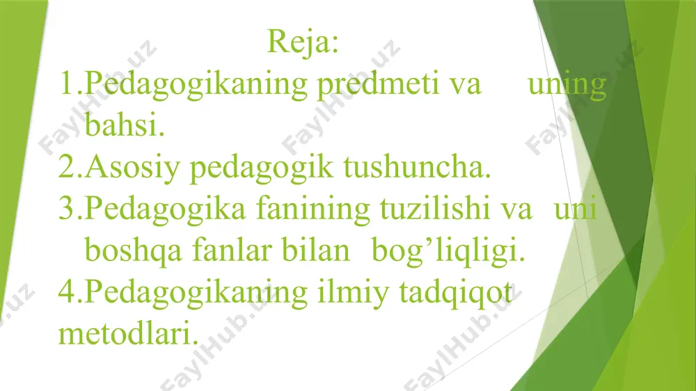 ar tomonlama o‘stirish, uning ongi, xulq-atvori va dunyoqarashini tarkib toptirish jarayoni. ta’lim –o‘quvchilarni nazariy bilim, amaliy ko‘nikma va malakalar bilan qurollantirish, ularning bilish qobiliyatlarini o‘stirish va dunyoqarashlarini shakllantirishga yo‘naltirilgan jarayon. bilim – shaxsning ongida tushunchalar, sxemalar, ma’lum obrazlar ko‘rinishida aks etuvchi borliq haqidagi tizimlashtirilgan ilmiy ma’lumotlar majmui. ko‘nikma – shaxsning muayyan faoliyatni tashkil eta olish qobiliyati. malaka –muayyan harakat yoki faoliyatni bajarishning avtomatlashtirilgan shakli. bo’limlar pedagogikaning umumiy asoslari tarbiya nazariyasi va amaliyoti didaktika (ta’lim nazariyasi) pedagogika tarixi 1.pedagogika fani haqida umumiy tushuncha. pedagogikaning predmeti, maqsad va vazifalari. 2.kadrlar tayyorlash milliy modeli va uning mohiyati.kadrlar tayyorlash milliy dasturini amalga oshirish bosqichlari. 3. pedagogika – tarbiya haqidagi fan. 4.o‘zbekistonda uzluksiz ta’lim tizimi. 1. ta’lim jarayoni. 2. ta’lim mazmuni. 3. ta’lim tamoyillari. 4. ta’limni tashkil etish shakllari. 5. ta’lim metodlari. 6. ta’lim vositalari 1.mustaqil o‘zbekistonda tarbiya jarayoni. 2. tarbiya tamoyillari va usullari. 3.milliy ongni tarbiyalash jarayoni. 4. tarbiya turlari. 5.tarbiya jarayonida oilaning o‘rni. …