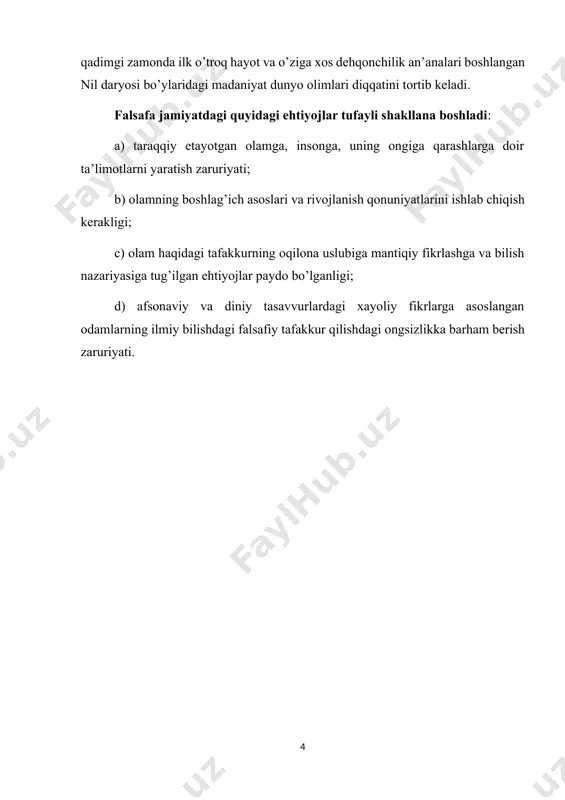 iy tizimlarga o’tgan. shu bois mifologiya falsafaning ona suti, ya’ni manbai hisoblanadi. mifologik tafakkurdan ratsional fikrlashga o’tish qadimgi sharq xalqlarida yozuv, ilm, astronomiya, dehqonchilik, shahar madaniyati rivojlanishi bilan birga inson tafakkuri ham murakkablashgan. tabiiy hodisalarga ilmiy yondashuv paydo bo’la boshlagan. shu jarayonda mifologik obrazlar o’zining ilohiy ma’nosidan ayrilib, falsafiy tushunchalarga aylangan. masalan, zardushtiylikda yaxshilik va yovuzlik qarama-qarshiligi endi faqat xudolar o’rtasidagi kurash emas, balki inson qalbidagi ichki kurash sifatida talqin qilingan. bu esa axloqiy falsafaning tug’ilishiga olib kelgan. falsafaning shakllanishi: diniy va ijtimoiy omillar qadimgi sharqda falsafiy tafakkur diniy dunyoqarash bilan uzviy bog’liq bo’lgan. diniy e’tiqodlar, axloqiy qadriyatlar va siyosiy tuzumlar falsafaning rivojlanishiga asos yaratgan. masalan, hindistonda “upanishadlar” ta’limoti ruhiy ozodlik va karma qonuni orqali borliqni tushuntirgan bo’lsa, xitoyda konfutsiy va lao-szi ta’limotlari inson va jamiyat uyg’unligi, axloqiy mukammallik g’oyalarini ilgari surgan. 3. qadimgi sharq falsafasining asosiy g’oyalari va ularning ta’siri qadimgi hind falsafasi hind falsafasi “veda”, “upanishad”, “bhagavad gita” …