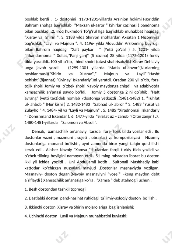sabzlik) xisrav dehlaviy unga javob yozdi (1299-1301 yillarda “matla ul-anvor”(nurlarning boshlanmasi)(“shirin va xusrav”,” majnun va layli”,”hasht behisht”(8jannat),”oyinayi iskandariy”)ni yaratdi. oradan 200 yil o`tib, fors-tojik shoiri jomiy va o`zbek shoiri navoiy maydonga chiqdi va adabiyotda xamsachilik an’anasi paydo bo’ldi. jomiy 5 dostonga 2 ni qo`shib, “haft avrang” (yetti taxt)deb nomlab 7dostonga yetkazdi .(1481-1482) 1. “tuhfat ul- ahbob ” (hur kishi ) 2. 1482-1483 “sabhad ul- abror ” 3. 1483 “yusuf va zulayho ” 4. 1484- yil va “layli va majnun” . 5. 1485 “xiradnomai iskandariy ” (donishmand iskandar ). 6. 1477-yilda “silsilat uz – zahob ”(oltin zanjir ) .7. 1480-1481-yillarda “salomon va absol ”. demak, xamsachilik an’anaviy tarzda fors- tojik tilida yozilar edi . bu dostonlar vazni , mazmuni , sujeti , obrazlari va kompozitsiyasi nizomiy dostonlariga monand bo’lishi , ayni zamonda biror yangi talqin qo’shilishi kerak edi . alisher navoiy “xamsa ”si ulardan farqli turkiy tilda yozildi va o’zbek tilining …