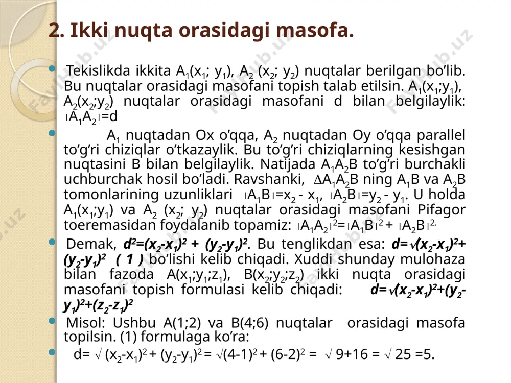 1200t, c=34% bo’lganligidan 1200 -100% b - 34% b=ac/100=1200x34/100=12x34=408t. a - so’mning ma’lum bir foizi vaqt(oy, yil) o’tishi bilan qo’shilib borsa, jamg’arma hosil bo’ladi. agar jamg’armada faqat boshlang’ich pul miqdorini foizi qo’shilib borsa, oddiy foizli jamg’arma deyiladi va quyidagi formula bilan hisoblanadi (8 ,9): an=a (1+np/100) (2) bu yerda a boshlang’ich pul miqdori, p- o’sish foizi, n- oylar yoki yillar soni (o’sish muddati), an- n muddatdan keyingi oddiy foizli jamg’arma miqdori. misol 2: boshlang’ich a10000 so’m, oyiga r20% li oddiy jamg’armaga qo’yilgan bo’lsa, n =5 oydan keyin jamg’arma miqdori a5 qancha bo’ladi? yechish: (2) formulaga asosan 5 oydan keyigi jamg’arma miqdori oddiy foizli jamg’armalarni hisoblash a5=10000 (1+5x20/100)=10000x2=20000 so’m bo’ladi. misol 6: to’rt oydan keyin 10 % li oddiy jamg’arma miqdori 14000 so’m bo’lgan bo’lsa,boshlang’ich pul qancha bo’lgan? yechish: n=4, r10%, an=14000 so’m (2) formulaga asosan boshlang’ich pul miqdori a=ap/(1+nr/100)=14000/(1+4x10/100)=14000/1,4=10000 so’m. misol 7. 5000 so’m pul, oyiga 12 % li oddiy …