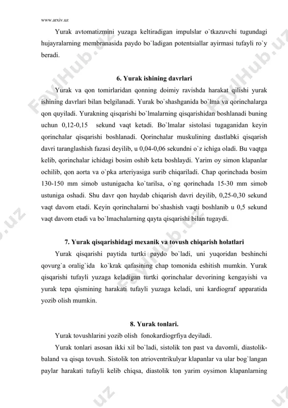 alar devorining kengayishi va yurak tepa qismining harakati tufayli yuzaga keladi, uni kardiograf apparatida yozib olish mumkin. 8. yurak tonlari. yurak tovushlarini yozib olish fonokardiogrfiya deyiladi. yurak tonlari asosan ikki xil bo`ladi, sistolik ton past va davomli, diastolik-baland va qisqa tovush. sistolik ton atrioventrikulyar klapanlar va ular bog`langan paylar harakati tufayli kelib chiqsa, diastolik ton yarim oysimon klapanlarning yopilishi natijasida yuzaga keladi. agar yurak tonlarida biror kamchilik bo`lsa, tiniq tovush o`rniga shovqin eshitiladi. 9. yurakning sistolik va minutlik hajmi yurakning sistolik hajmi deb, u bir qisqarganida qon tomirlariga surib chiqarilgan qon miqdorga aytiladi. u odamlarda tinch turgan paytda 60-80 mm3 ga teng. yurak sistolik hajmining 1 minutdagi yurak o`rishlar soniga ko`paytirsak, uning minutlik hajmi kelib chiqadi, u o`rtacha 4,5-5 litr ga teng. jismoniy ish vaqtida yurak minutlik hajmi bir necha marta oshib ketadi. masalan yengil ish bajarishda yurak minutlik xajmi 10-15 litrga yetadi. sport bilan shug`ullanuvchi odamlar kuchli jismoniy ish …