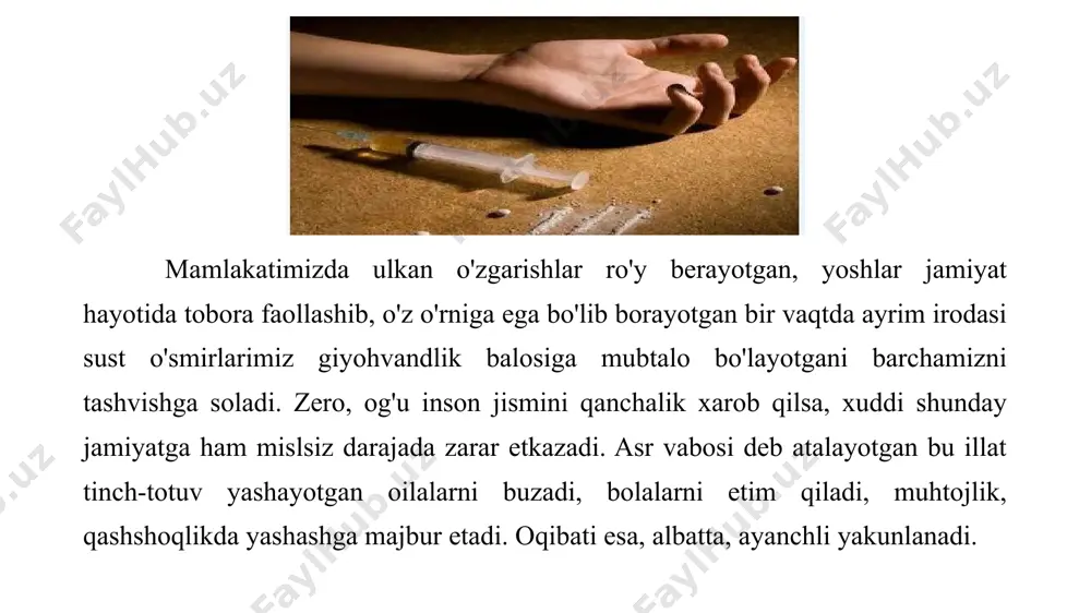 har qanday muammoni hal qilish mumkin. shu sababli o‘zingizni chohga tashlamang. agar siz o‘lim suyuqligi solingan shpritsni qo‘lingizga olar ekansiz, kelajagingizni umrbod qorong‘ulik qa'riga tashlashingizni unutmang. unutmang qo‘lingizga giyohvand modda berilar ekan, siz yo‘q degan qatiy so‘zni ayting. shundagina tirik qolasiz. image1.jpg image2.png image3.png image4.jpg image5.jpeg image6.jpg image7.png image8.jpg image9.png image10.jpg image11.jpg image12.png image13.png image14.jpeg image15.jpeg /docprops/thumbnail.jpeg