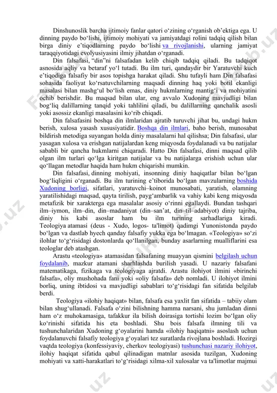 jahon hamjamiyatiga kirib borayotgan bir sharoitda uning fuqarolari turli konfessiyalar vakillari bilan muloqot etishning yuksak madaniyatiga ega bo’lishi ham juda muhimdir. din tabiat, jamiyat, inson va uning ongi, yashashdan maqsadi hamda taqdiri insoniyatning bevosita qurshab olgan atrof-muhitdan tashqarida bo’lgan, uni yaratgan, ayni zamonda insonlarga to’g’ri, haqiqiy, odil hayot yo’lini ko’rsatadigan va o’rgatadigan ilohiy qudratga ishonch va ishonishni ifoda etadigan maslak, qarash, ta’limotdir. din muayyan ta’limotlar, his-tuyg’ular, toat-ibodatlar va diniy tashkilotlarning faoliyatlari orqali namoyon bo’ladi. u olam, hayot yaratilishini tasavvur qilishning alohida tariqasi, uni idrok etish usuli, olamda insoniyat paydo bo’lgandan to bizgacha o’tgan davrlarni ilohiy tasavvurda aks etishidir. din komil insonni tarbiyalashda salmoqli tarbiyalovchi qudratga ega bo’lgan ma’naviy-axloqiy kuchdir. din nima ekanligi turlicha izohlansa-da, umumiy nuqtai nazar shuki, din ishonmoq tuyg’usidir. ishonmoq tuyg’usi insoniyatning eng teran va eng go’zal ruhiy-ma’naviy ehtiyojlaridandir. dunyoda dini, ishonchi bo’lmagan xalq yo’q. chunki muayyan xalq dinsiz, e’tiqodsiz, biror-bir narsaga ishonchsiz holda yashay olmaydi. o‘zbek tili …