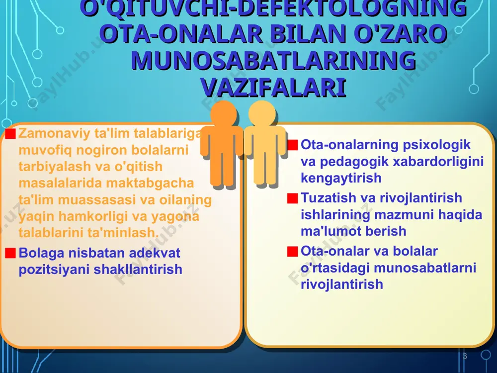 adi. o'quv yilining oxirida tiflopedagog o'tkazilgan barcha so'rovlar ma'lumotlarini tahlil qiladi va umumlashtiradi (dinamikda tuzatuvchi ta'lim jarayonida bolaning rivojlanishi). 2. tiflopedagog uchun maxsus tuzatish darslari faoliyat turlari: ko`ruv idrokni rivojlantirish; ijtimoiy-maishiy yo'nalish; fazoda mo`ljal olishga o`rgatish; teri-taktil sezgi analizatorlarini rivojlantirish. ko`ruv idrokni rivojlantirish uchun darslar shakli, rangi, o'lchami haqida g'oyalarni shakllantirish, mavzuning xususiyatlari va fazilatlarini tahlil qilishda keyinchalik foydalanish bilan mavzudagi informatsion xususiyatlarni ajratib ko'rsatish ko'nikmalarini rivojlantirish; tadqiqot harakatlari tizimida sensorli operatsiyalardan foydalanish ko'nikmalarini shakllantirish; ob'ektni identifikatsiyalash belgilarini ajratib ko'rsatish, ob'ektlarni turli modalliklarda aniqlash; "shovqinli" tasvirlarni o'qish qobiliyatini rivojlantirish, ob'ektlarni qiyin idrok etish sharoitida idrok etish (ob'ektning to'liq bo'lmagan tasviri mavjud bo'lganda, bir ob'ekt yoki uning tasvirini boshqasi bilan xiralashgan holda, ranglarning to'yinganligi, kontrast, syujet tasvirida va boshqalar). ijtimoiy yo'nalish darslari ob'ektni tekshirishda aniqroq va to'liqroq mavzu tasvirlarini shakllantirish uchun sezgirlikning barcha turlarini bog'lash kerak. bolalarga o'rgatiladi: atrofdagi voqelik ob'ektlarini maqsadli idrok etish, izchil tekshirish usullari; taqqoslash texnikasini o'zlashtirish asosida …