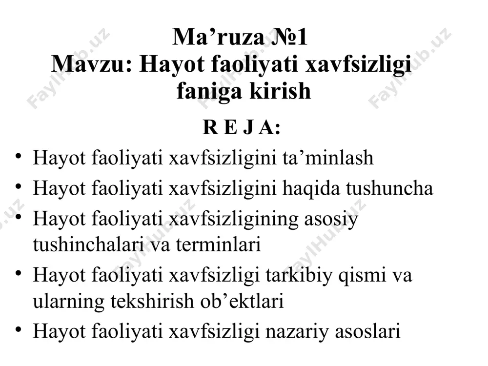 arning qo‘llanilishi) inson sog‘ligiga salbiy ta’sir etuvchi zararli omillar miqdorini sezilarli darajada ko‘paytirmoqda. shu sababli ushbu omillardan himoyalash inson hayot faoliyatini ta’minlashning muhim elementi bo‘lib qolmoqda. hayot faoliyati xavfsizligi haqida tushincha hayot faoliyat - bu insonning kundalik faoliyati yani dam olishi, ishlash va yashash tarzidir. inson hayoti jarayonida uni o‘rab turgan atrof muhit bilan uzluksiz aloqada bo‘ladi va shu bilan birga har doim uni o‘rab turgan muhitga bog‘liq bo‘lib kelgan va shunday bo‘lib qolaveradi. inson shuning uchun ham o‘zini o‘rab turgan atrof-muhit hisobiga oziq-ovqat, havo, suv, dam olish uchun zarur moddiy narsalar va boshqalarga bo‘lgan ehtiyojini qanoatlantiradi. mamlakatimizda mustaqillikning dastlabki yillaridanoq barcha fuqarolarni jumladan ishchi xodimlarni ijtimoiy holatini yaxshilash, ularning turmush darajasini yuksaltirishga, ishlash sharoitlarini texnika xavfsizligi va sanitariya talablari darajasidagi asosini yaratishga katta e’tibor qaratib kelinmoqda. inson tug‘ilishi bilan yashash, erkinlik va baxtga intilish huquqiga ega bo‘ladi. inson o‘zining yashash, dam olish, sog‘ligi haqida qayg‘urish, qulay atrof-muhit, xavfsizlik va …
