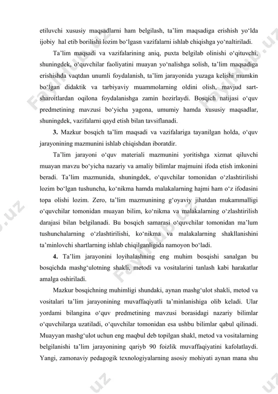 ‘nalishga solib yuborish, umumiy faoliyatni nazorat qila olish, murakkab vaziyatlarda yo‘l-yo‘riq ko‘rsatish, maslahatlar berish hamda ular faoliyatini baholash kabi vazifalar qoladi. 5. navbatdagi bosqichda o‘quvchilar tomonidan bilim, ko‘nikma va malakalarning o‘zlashtirilishi uchun yetarli deb belgilangan vaqt hajmi, ya’ni, muayyan mavzu yuzasidan ma’lum tushuncha, ko‘nikma va malakalarning o‘quvchilar tomonidan qancha vaqt oralig‘ida o‘zlashtirilishi mumkinligi aniqlanadi. 6. mazkur bosqichda mashqlar tizimi ishlab chiqiladi. bosqich natijasi sifatida ishlab chiqilgan mashqlar tizimining samaradorligiga alohida ahamiyat berish talabi mazkur bosqichning asosiy sharti hisoblanadi. mazkur bosqichda ishlab chiqilgan mashqlar tizimini quyidagi guruhlarga bo‘lish maqsadga muvofiqdir: a) mashg‘ulot jarayonida o‘quvchilar tomonidan yechilishi lozim bo‘lgan mashqlar; b) darsdan tashqari sharoitlarda bajarilishi ko‘zda tutilgan mashqlar. o‘quvchilar e’tiboriga havola etilayotgan mashqlar bir-birini to‘ldirishi, o‘zaro aloqadorlik, bog‘liqlik va eng muhimi evolyutsion xususiyat kasb eta olishi lozim. 7. ta’lim jarayonini loyihalashtirishning bu bosqichida o‘quvchilarning umumiy faoliyatlarini nazorat qilish va test tizimini ishlab chiqish kabi vazifalar amalga oshiriladi. nazariy va amaliy jihatdan to‘g‘ri …
