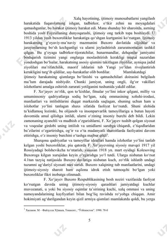 , ijtimoiy tuzum, islom dini ta’timotlari zaminida turib yangi davr, uning kо‘rinishlari va alomatlariga yо‘l ochganlar, ularni qо‘llab-quvvatlaganlar. xalq hayotining, ijtimoiy munosabatlarni yangilash harakatida fuqarolarning ishgan, tadbirkor, о‘tkir zehni na moyagdalari qatnashganlar, bu harakat ijtimoiy harakat edi. mana shunday bir sharoitda, asrning boshida yosh fayzullaning dunyoqarashi, ijtimoiy ong tarkib topa boshlaydi. u 1913 yildan yosh buxoroliklar harakatiga qо‘shgan kurtganini kо‘rsatgan. ijtimoiy harakatning g‘oyaviy-ma’naviy mazmunini buxoro davlatida siljishlar va jarayonlarning bо‘sh kechganligi va ularni joylashtirish zaruratnomalari tashkil qilgan. bu g‘oyaga tadbirkor-tijoratchilar, hunarmandlar, dehqonlar jamiyatni boshqarish tizimini yangi onglarga moslashtirish kerakligi nuqtai nazaridan yondoshgan bо‘lsalar, harakatning asosiy qismini takitlagan ziyolilar, ayniqsa jadid ziyolilari ma’rifatchilik, maorif ishlarini tub yangi yо‘ldan rivojlantirish kerakligini targ‘ib qildilar, say-harakatlar olib bordilar. mamlakatdagi ijtimoiy harakatning qismlarga bо‘linishi va qatnashchilari doirasini belgilash ma’lum darajada nisbiydir. chunki jamiyat, uning ongli, ilg‘or vakillari islohotlarni amalga oshirish zarurati yetilganini tushunida yakdil edilar. f. xо‘jayev zо‘rlik, qon tо‘kishlar, fitnalar yо‘lini inkor qilgani, milliy …