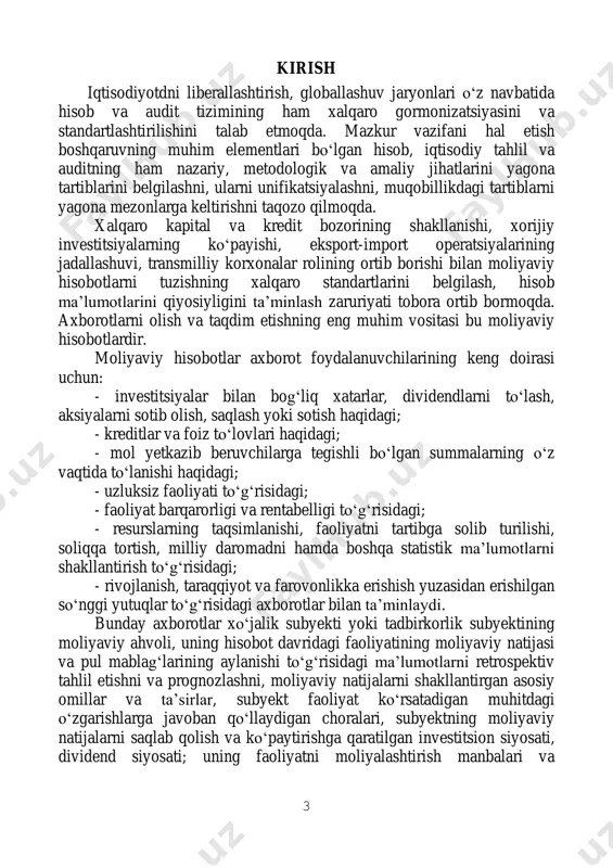 rligini oshirishga; investitsiyalar va kreditlarga doir qarorlarni qabul qilishga; subyektning bo‗lg‗usi pul oqimlariga; ularga ishonib topshirilgan resurslarga, majburiyatlarga; rahbar organlarning ishiga baho berishda biznes samaradorligi va boshqaruvning sifat menejmentiga erishishda muhim dastak vazifasini bajaradi. iqtisodiy tahlilning eng muhim obyektlariga: subyekt nazorat qilib turadigan iqtisodiy resurslari va ularning moliyaviy tuzilmasi; likvidligi; to‗lovga qobiliyati; moliyaviy ahvoli va uning kelgusidagi kutilishlari; moliyaviy natijalari va rentabelligi; pul mablag‗lari va ularning ekvivalentlari; kapital hajmi, moliyaviy va iqtisodiy salohiyati; iqtisodiy nochorlikka yuz tutmasligi, investitsion jozibadorlik; kreditga qodirlik; moliyaviy ahvoli bo‗yicha reyting baholashlar kiradi. mazkur darslik iqtisodiy tahlilning nazariy, metodologik va amaliy jihatdan xalqaro normalarga mos ravishda tuzib chiqilgan. fan doirasida nafaqat obyekt yoki predmet balki, mavzular birligiga ham alohida ahamiyat qaratildi. fanni o‗rganish davomida talabalar boshqaruv, moliyaviy va investitsion qarorlar qabul qilish uchun xo‗jalik subyektlarida resurslardan foydalanish holatini, faoliyat samaradorligini, moliyaviy holatini hamda ularning o‗zgarishlarini, o‗zgarishlarga ta‘sir etuvchi omillarni aniqlash, hisob-kitob qilish, baholash yo‗llarini o‗rganadilar. shuningdek, …