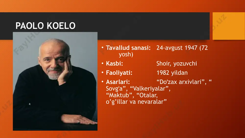 achon amalga oshadi? bir so’z bilan aytganda bu asarni orzular ro’yobi tomon yetaklovchi qo’llanma sifatida baholasak bo’ladi. asar juda chuqur mazmunga ega falsafiy mushohadalarga boy. bundan tashqari asarda sahro xalqining kundalik hayot tazi go’zal tarzda ifodalab berilgan. asarning asosiy g’oyasi. cho`pon yigit santyagoning sayohatlari haqida hikoya qiluvchi ushbu asar zamiridagi asosiy tushuncha – “o`z taqdirim” tushunchasidir. “o`z taqdirim” degan tushunchaning asl mohiyati qanday? hayotimizning chin mohiyati – ro`yi zamindagi umrguzaronligimiz uchun oliy qudrat sohibi tayyorlab qo`ygan yo`l. biz har safar biror-bir amalni quvonch va hafsala bilan bajarganimizda, o‘z taqdirimizga mos tarzda ish tutgan bo‘lamiz. biroq ezgu niyatlar sari ana shu yo`ldan borishga jur`at topish barchaga birdek nasib qilavermaydi. asarning bosh g’oyasi aynan shu to’siqlardan ogohlantirish hamda ularni yengib o’tishga undashdan iboratdir. asarning sarlavhasi haqida. ushbu asar “alkimyogar” deb nomlanadi. alkimyo bu oddiy toshdan yoki “noraso” metallardan oltin yaratish qobiliyatidir. bunday qobiliyatga insoniyat tarixida hamma ham qodir bo’lavermagan. ammo bu sarlavhadan …