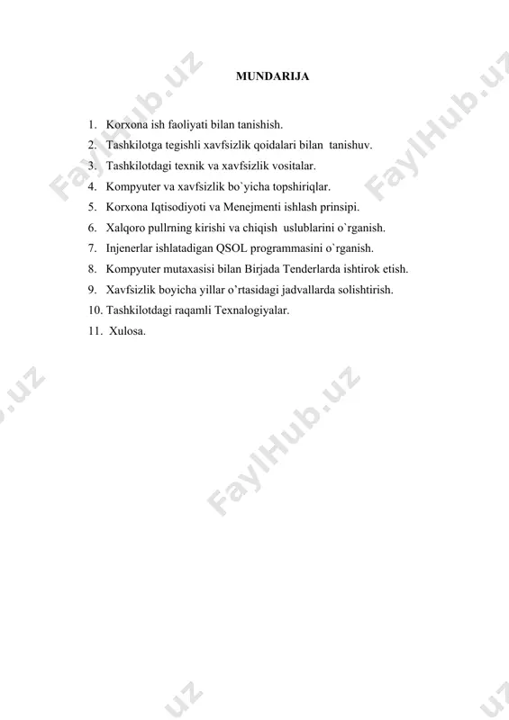 . keyin ikkinchi kundan boshlab menga berilgan ko`rsatma va topshiriqlar asosida amaliyot o`tay boshladim. boshliq va bo`lim bug’alteri tomonidan har topshiriq va ishlar tekshirib boriladigan bo`ldi va test orqali amalitoy baholari qoyib borila boshladi, tashkilot asosan chet davlatlar bilan hamkorlikda it va xavfizlik , mijozlarga xizmat korsatish bilan shug`ullanib kelar ekan. grafikm va jadvallar va asosan o’zining set tarmoqlari kerak ekan. shu munosabat bilan wi fi va set kabellar ni tekshirib chiqish asosiy topshiriq edi. tashkilotda asosan qsol programma dasturi asosida yuritilar ekan va bu programmani yuzasida amaliyot tugaguncha ishladim. amaliyot dastlab 5-iyul gacha so`ngra 17-iyuldan 16 –avgustgacha davom etdi. bajarilgan amaliyot boyicha hisobot tayyorlandi va korxona rahbari tomonidan tasdiqlandi. tashkilotdagi texnik va xavfsizlik vositalari iste'molchilar yoki ishlab chiqarish korxonasida xizmatlarning barcha talablariga xizmat ko'rsatadigan barcha yo'nalishlar bo'yicha har qanday samarali tarmoq va infratuzilmani qurish, barcha qat'iy talablar taqdim etilishi mumkin bo'lgan o'z vaqtida va ishonchli ma'lumotlarni almashish vazifalarini belgilaydi. …