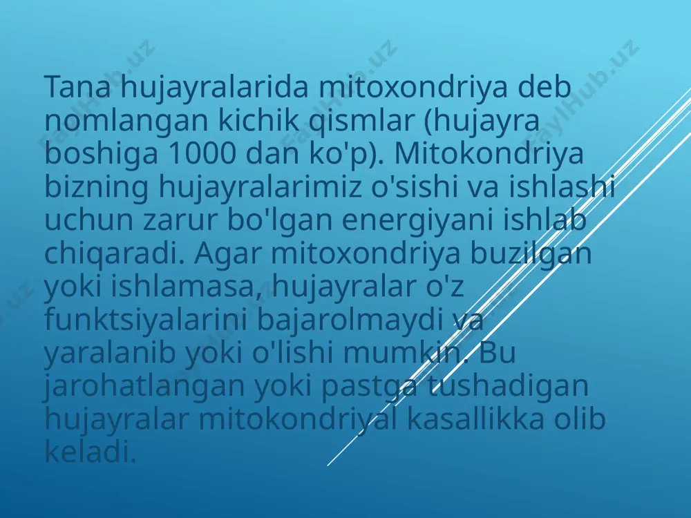 ligi nafas olish muammolari eshitish qobiliyati boshqa alomatlar gastrointestinal buzilishlar , yutish qiyinlishuvi, yurak kasalligi, jigar kasalligi, diabet , laktik asidoz va infektsiyalarni olish ehtimoli yuqori bo'ladi. bolalarda kasallik ham yomon o'sish va rivojlanish kechikishiga olib kelishi mumkin. mitokondriyal kasallikni tashxislash odatda qiyin, chunki alomatlar o'zgaradi va boshqa sharoitlarga taqlid qilishi mumkin. ko'p organ tizimi ishtiroki, uchta yoki undan ko'p joylarda ko'pincha mitokondriyal kasallikning belgisi hisoblanadi. davolash mitoxondriyal kasallikning aksariyatini mushaklarning biopsiyasi orqali aniqlash mumkin. boshqa sinov variantlari orasida qonni sinash , genetik tekshirish va fermentlarni sinab ko'rish kiradi. muskulyar biopsiya va boshqa tekshiruvlar juda qimmat bo'lishi mumkin, bunda faqat klinik ko'rinishda tashxis qo'yish kerak. mitoxondriyal kasallik uchun davolash yo'q. ba'zi qo'shimcha moddalar - tiamin ( b1 ), riboflavin (b12), s vitamini, e vitamini, lipo kislotasi va q10 koenzymi - kasallikning muayyan aspektlarini davolashda yordam beradi. stressning oldini olish simptomlarni kamaytirishga yordam beradi. tadqiqotchilar mitoxondriyal kasallik bilan bog'liq laktik kislota …