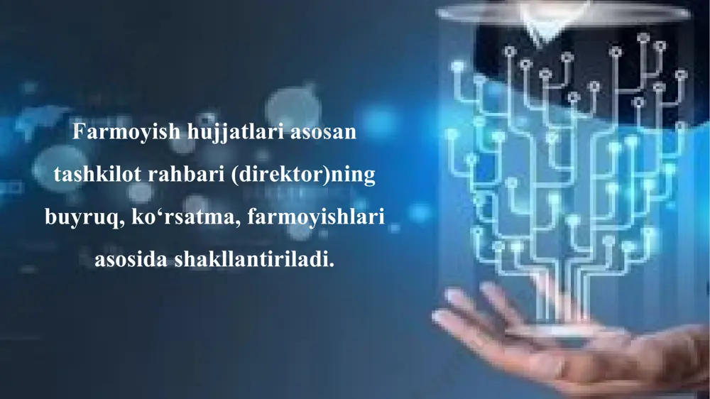ma rahbarlari 2019-yilda xodimlarning taʼtilga chiqishlari roʻyxatini muddati koʻrsatilgan holda tuzib, kadrlar boʻlimiga topshirsinlar. roʻyxatni topshirish muddati: 2019.10.01. 2. kadrlar boʻlimi firma xodimlarining 2019-yil taʼtillari qoʻshma jadvalini tuzib, firma direktori tasdigʼiga taqdim etsin. masʼul: kadrlar boʻlimi boshligʼi s. ibrohimova. jadvalni taqdim etish muddati: 2019.15.01. firma direktori oʻ rinbosari imzo n. а. umarov rozilik belgisi ko‘rsatma yangiyoʻl «lazzat» birlashmasi qiyom sexidа yangi uskunаlаrdаn foydаlаnishni yaxshilаsh hаqidа koʻrsаtmа 2019.18.01 №117 yangiyoʻl sh. «lazzat» birlashmasini qayta jihozlash haqida 2018-yil 15-iyuldagi 107-raqamli buyruqqa binoan, birlashmaning 3 ta sexida germaniyadan olingan yangi uskunalar oʼrnatildi. 2 ta sexda: shokolad va iris sexlarida mashinalardan unumli foydalanilmoqda. lekin qiyom sexida «t–108 ks» mashinalaridan foydalanish texnologiyasi ishchilar tomonidan yaxshi oʻzlashtirilmagan, natijada koʼp mahsulotlar chiqitga chiqib ketmoqda. shu munosabat bilan sex boshligʻi d.а.rаhimovаga quyidagilarni yuklаymаn: 1. sexda yangi mashinalar texnologiyasi boʻyicha uch oylik oʻqish tashkil qilinsin. 2. may oyida ikki xodimni berlinga xizmat safariga joʻnatish uchun aniq tavsiyalar berilsin. direktor …