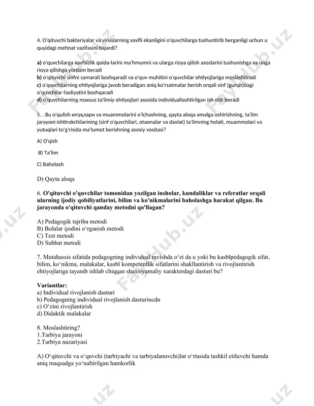 rini, bilim va ko'nikmalarini baholashga harakat qilgan. bu jarayonda o'qituvchi qanday metodni qo'llagan? a) pedagogik tajriba metodi b) bolalar ijodini o‘rganish metodi c) test metodi d) suhbat metodi 7. mutahassis sifatida pedagogning individual ravishda o‘zi da u yoki bu kasbīpedagogik sifat, bilim, ko‘nikma, malakalar, kasbī kompetentlik sifatlarini shakllantirish va rivojlantirish ehtiyojlariga tayanib ishlab chiqqan shaxsiyamaliy xarakterdagi dasturi bu? variantlar: a) individual rivojlanish dasturi b) pedagogning individual rivojlanish dasturincdn c) o‘zini rivojlantirish d) didaktik malakalar 8. moslashtiring? 1.tarbiya jarayoni 2.tarbiya nazariyasi a) o‘qituvchi va o‘quvchi (tarbiyachi va tarbiyalanuvchi)lar o‘rtasida tashkil etiluvchi hamda aniq maqsadga yo‘naltirilgan hamkorlik b) pedagogika fanining muhim tarkibiy qismi bo‘lib, tarbiyaviy jarayonning mazmuni, shakl, metod, vosita va usullari hamda uni tashkil etish muammolarini o‘rganadi c) bu bir tomondan, ijtimoiy hodisa sifatida tarbiyaning xususiyatlari, ikkinchi tomondan, shaxsning rivojlanishi bilan bog‘liq bo‘lgan barqaror aloqalar a) 1.a 2.b b) 1.c 2.a c) 1.a 2.c d) 1.b 2.a 9. .moslashtiring: 1. pisa …