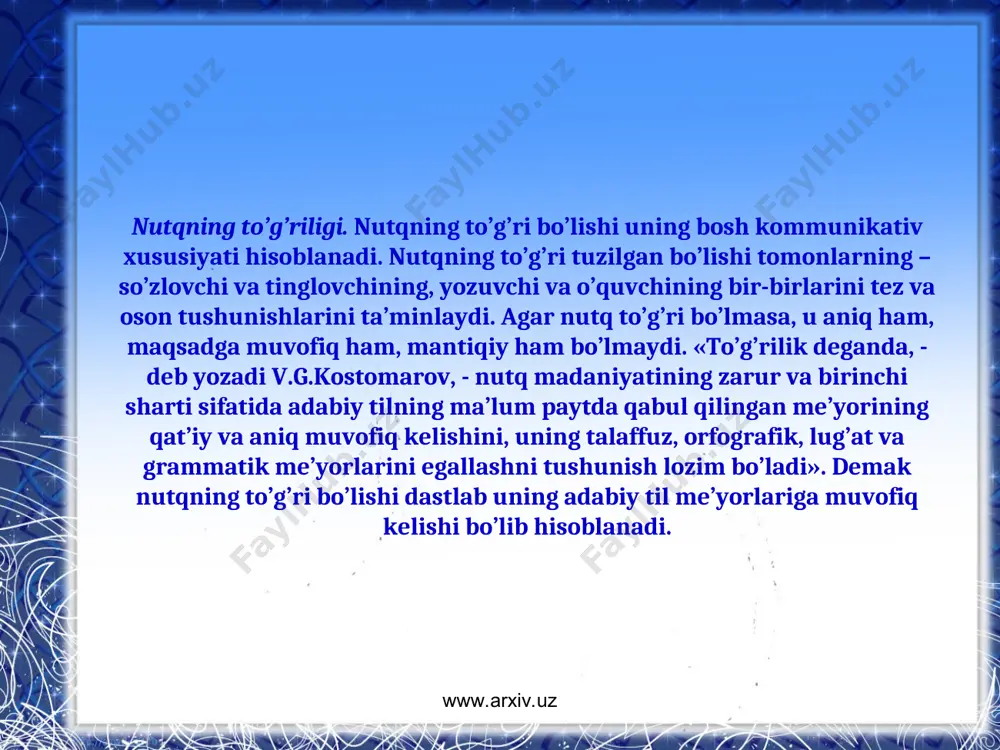farqlanmayapti: elektr liniyalari o’tkazish – daraxt ko’chatlari o’tqazish. www.arxiv.uz www.arxiv.uz o’zbek tilida ko’plik ma’nosini ifodalashning yo’llaridan biri – lar qo’shimchasi ekanligi ma’lum. shu bilan birga, bu qo’shimchaning ko’plik doirasidan chiqib, asosan ot va fe’llarga qo’shilganda hurmat, kinoya, piching, noaniqlik, kuchaytirish, takrorlash, ta’kid, predmetning turi, umumlashtirish, so’zlovchi munosabatini alohida bildirish singari turli xil ma’nolarni ifodalashi uning grammatik-uslubiy imkoniyatlarining kengayib borayotganligidan dalolat beradi. garchi qo’shimchaning bu kabi ma’nolarni anglatish jarayonidagi so’zlarga qo’shilish tarzi morfologik me’yorning buzilishi sanalsa-da, uni uslubiy me’yorning buzilishi deb bo’lmaydi: tillar, yuraklar, jigarlar, burunlar, boshlar, suvlar, qonlar, sutlar, saroblar, barglar, yo’qlar, (ketmaydimi) chiriblar kabi. www.arxiv.uz www.arxiv.uz shunday holatlarga ham duch kelamizki, uning ayrim otlarga qo’shilishida go’yo morfologik me’yor buzilmaganday ko’rinsa-da, uslubiy me’yorga jiddiy putur yetgani seziladi: dadamlar keldilar. – lar ning fe’lga qo’shilishining o’ziyoq hurmat ma’nosini bildiradi. ammo negadir keyingi paytlarda, ayniqsa so’zlashuv nutqida bu qo’shimchani dada so’ziga qo’shib ishlatish kuchayib bormoqda. unga mana bunday holatgina sabab bo’lishi mumkin: …