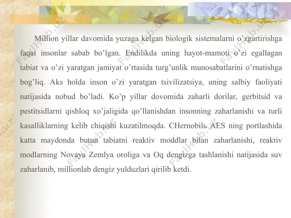t., jo’xori -394,2 mln. t., kartoshka -227,3 mln. t., go’sht mahsulotlaridan: mol go’shti -46,6 mln. t., cho’chka go’shti -55,3 mln. t., qo’y go’shti 7 mln. t.. tayyorlangan. inson har oyda o’z og’irligiga teng ozuqa iste’mol qiladi. hisoblarga ko’ra insonga bir kunda 630-750 g. (2410 kkal), bir yilda esa 200-274 kg bug’doy kerak bo’ladi. bu mahsulotlarni yetishtirish uchun dehqon har bir gektar yerdan 5 t. atrofida hosil olib, yiliga 17 kishini boqishi lozim. hozirgi kunda texnologiyani o’rnida qo’llab quruqlikning kerakli joylaridan yaxshi foydalanilsa, 10 mlrd. aholini ozuqa bilan ta’minlash mumkin. er sharida foydalaniladigan yerlar 13,5 mlrd. gektariga teng. shundan 1,4 mlrd. ga madaniy yerlar (ekinzorlar, bog’lar), 1,1 mlrd. ga yer o’simlik o’stirish uchun yaroqsiz bo’lib qolgan, 4,4 mlrd. ga yer cho’l, chala cho’l, arktika, antarktida yuqori torfli cho’llar maydoni 3,3 mlrd.ga, insonning salbiy faoliyati natijasida foydali yerlarning 1 mlrd. gektari cho’llarga qo’shilgan. yer sharida 2,6 mlrd. ga o’tloqzorlar bor. shundan 390 …
