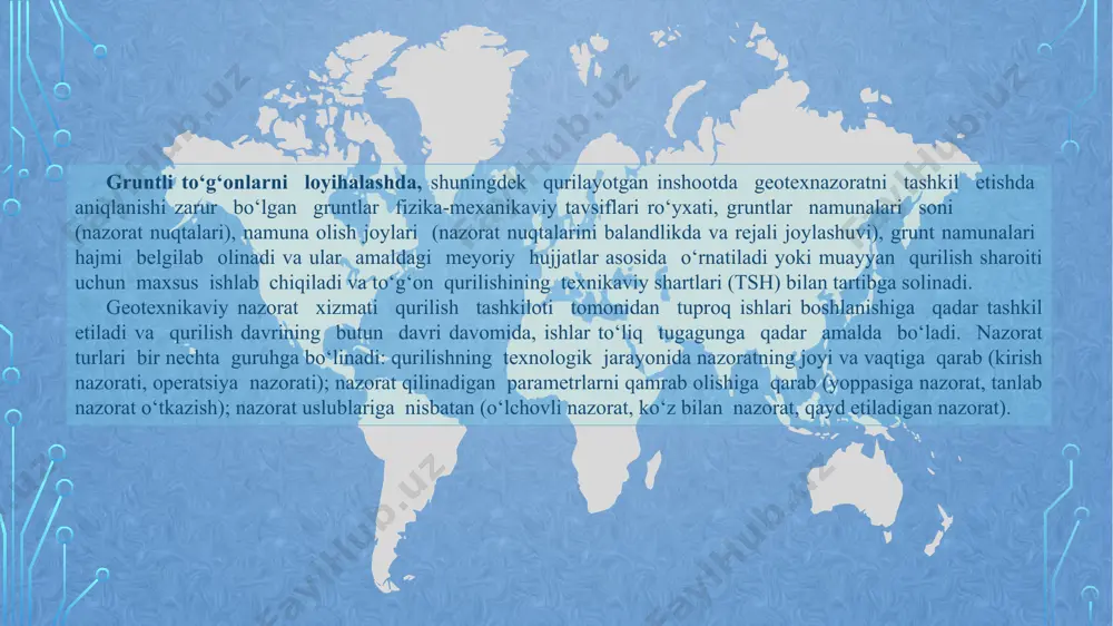 vning maxsus loyihasini ishlab chiqish kо‘zda tutiladi. tabiiy sharoitdagi kuzatuvlar hajmi va nо‘a larini soni inshoot sinfiga qarab belgilanandi. baland gruntli tо‘g‘onlar chо‘kishlar va gorizontal siljishlar, harorat, tо‘g‘on tanasi va uning zaminidagi filtratsiya oqimi parametrlari, ayrim hollarda zо‘riqishli-deformatsiyali holatini kuzatib turish imkonini beradigan nо‘a majmuasi bilan jihozlanadi. tо‘g‘onlarni seysmik hududlarda qurishda tabiiy sharoitda kuzatishlar loyihasida bevosita inshootning о‘zida va uning tevarak-atrofida ham seysmik asboblar (seysmograflar, akselerometrlar)ni о‘rnatish qarab chiqiladi. kuzatuvlar loyihasida kuzatuv soniga ekspluatatsiya jarayonida ham nо‘a kо‘rsatkichlar о‘zgaruvchanligiga qarab aniqlik kiritiladi. kuzatuvlar soni asboblar kо‘rsatkichlarini о‘lchanadigan qiymatlarga yaqinlashganda, shuningdek, favqulodda holatlar sodir bо‘lganda, masalan, gidrouzel joylashgan hududda seysmik faollikni kuchayishi, yuqori byefda suv sathini uzoq muddatga kо‘tarilishi va sh.k. bо‘lganda aniqlashtiriladi. . loyihalashning zamonaviy amaliyoti inshoot ishlashini tahlil qilish uchun kuzatuv ma’lumotlari bazasini yaratish va ularga ishlov berishni yо‘lga qо‘yishni kо‘zda tutadi. ana shu maqsadlarda tabiiy sharoitdagi kuzatuv ma’lumotlarini yig‘ish, saqlash va ishlov berish maxsus kompyuter axborot-diagnostika tizimi yordamida …