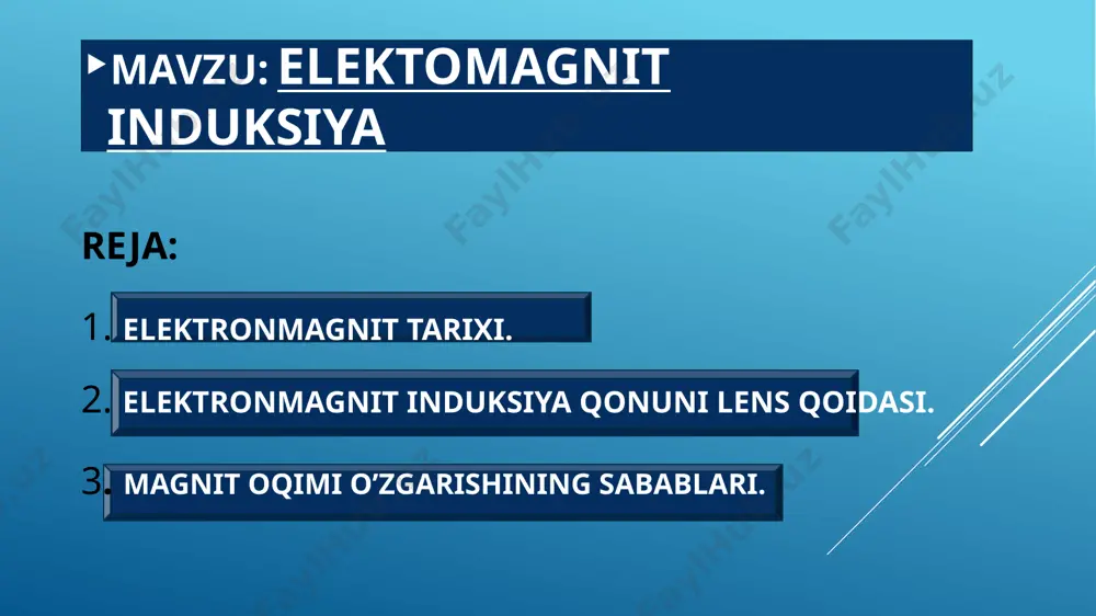 konturda yuzaga kelgan tok esa induksion tok deb ataladi. faradey o‘zi amalga oshirgan tajriba natijalarini tahlil qilib, quyidagi xulosaga keldi: induksion tok berk konturda faqat o‘tkazgich konturi orqali o‘tayotgan magnit induksiya oqimi o‘zgarganda yuzaga keladi, ya’ni magnit oqimi o‘zgarib turgan vaqt davomidagina mavjud bo‘ladi. elektromagnitning uzluksiz elektr toki bilan o'tadigan uzunlamasına kesmasi. magnit maydon chiziqlari ko'rsatiladi, ularning yo'nalishi o'qlar bilan ko'rsatilgan. magnit oqim "maydon chiziqlarining zichligi" ga to'g'ri keladi. magnit oqimi shunday qilib elektromagnitning o'rtasida eng zich va uning tashqarisida eng zaif bo'ladi. elektromagnit induktsiya tomonidan kashf etilgan maykl faradey, 1831 yilda nashr etilgan.bu tomonidan mustaqil ravishda kashf etilgan jozef genri 1832 yilda. faradayning birinchi eksperimental namoyishida 1831 yil 29-avgust u temir halqaning qarama-qarshi tomonlariga ikkita simni o'ralgan yoki "torus "zamonaviyga o'xshash tartib toroidal transformator. elektromagnit yoki magnit induksiya ishlab chiqarishdir elektromotor kuch bo'ylab elektr o'tkazgich o'zgaruvchanlikda magnit maydon. maykl faradey odatda 1831 yilda induktsiya kashf etilgan deb hisoblangan va …