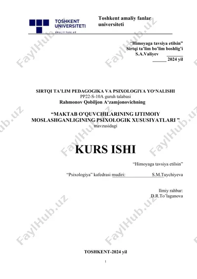 maktab o’quvchilarining ijtimoiy moslashganligining psixologik xususiyatlari — DOCX