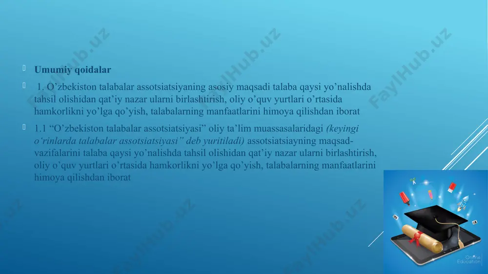 sidan saylanadi. 3. talabalar assotsiatsiyasi kengash sayloviga tayyorgarlik ko’rish hamda uni o’tkazish ochiq va oshkora tarzda amalga oshiriladi. talabalarning o'zini o'zi boshqarish yo'nalishi ularning ta'lim tashkilotlarini boshqarishda ishtirok etish va talabalar kengashining qonuniy vakolatlarini amalga oshirish uchun zarur bo'lgan bilim va malakalarni beradi. yo'nalish talabalar jamoatchiligi uchun yagona axborot maydonini yaratish, talabalar ommaviy axborot vositalarining sifatini yaxshilash, qiziqarli, dolzarb va ta'sirchan kontent yaratishga qodir va tayyor yosh jurnalistlarning yangi avlodini tayyorlashga qaratilgan. 1. talabalar yangiliklari tahririyati yaratilishi 2. samarqand davlat universiteti yoshlari tahriyati 3. mintaqaviy axborot tarmog'i oav talabalar assotsiatsiyasi - tanlov orqali eng yaxshi talabalar amaliyotini aniqlaydi, qo'llab-quvvatlaydi va yuksak darajaga etkazadi. metodik манба маьлумот алока loyihalash tezlashtiruvchi “o'sish trayektoriyasi” qo'llab-quvvatlash shakllari jamoa yo'nalish talabalar assotsiatsiyasi tashkiliy tuzilmasini respublika mintaqaviy va universitet darajalarida rivojlantirishga, o’zbekiston respublika talabalarini birlashtirgan umumiy jamoatchi yoshlar harakati sifatida qaratilgan. jamoat kuzatuvchilari korpusi yo'nalish jamoat nazorati institutini rivojlantirishga, ijtimoiy ahamiyatga molik muammolarni monitoring qilish bilan …