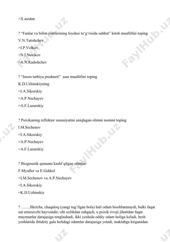 alar ta’siriga, o‘zgaruvchan havo haroratiga moslashish davrida ko‘p kuch-quvvat sarflanishidir =buning sababi undan suyuqlik moddasining chiqib ketishi, vaznsizlik holatidan atmosfera bosimiga, quyosh nuriga, turli xususiyatli moddalar ta’siriga =quyosh nuriga, turli xususiyatli moddalar ta’siriga, o‘zgaruvchan havo haroratiga moslashish davrida ko‘p kuch-quvvat sarflanishidir ? bosh suyaklari bolaning necha oyligida o‘zaro qo‘shilib ketadi ikki oyligida =uch oyligida =to`rt oyligid =besh oyligida ? bosh suyakning peshona va tepa qismlari o‘rtasida ........ deb ataladigan qalin parda va teri bilan qoplangan oraliq mavjud bo‘ladi liqildoq =oraliq miya =orqa miya =uzunchoq miya ? chaqoloqning miyasining og‘irligi necha grammni tashkil qiladi 300–350 =350-400 =450-500 =600-700 ? chaqaloqlik davrining kuchli jihatlari qay holatlarda ko`rinadi organizmidagi o`sish quvvatining tezligi =harakatchanligi =ko`p uxlashi =yig`lashi ? chaqaloqlik davrinida o`sishning normal holati har oyda ikki sm dan o‘sadi =har oyda uch sm dan o`sadi =har oyda besh sm o`sadi =har oyda yetti sm o`sadi ? uning og‘irligi har kuni necha gramdan ortib boradi …
