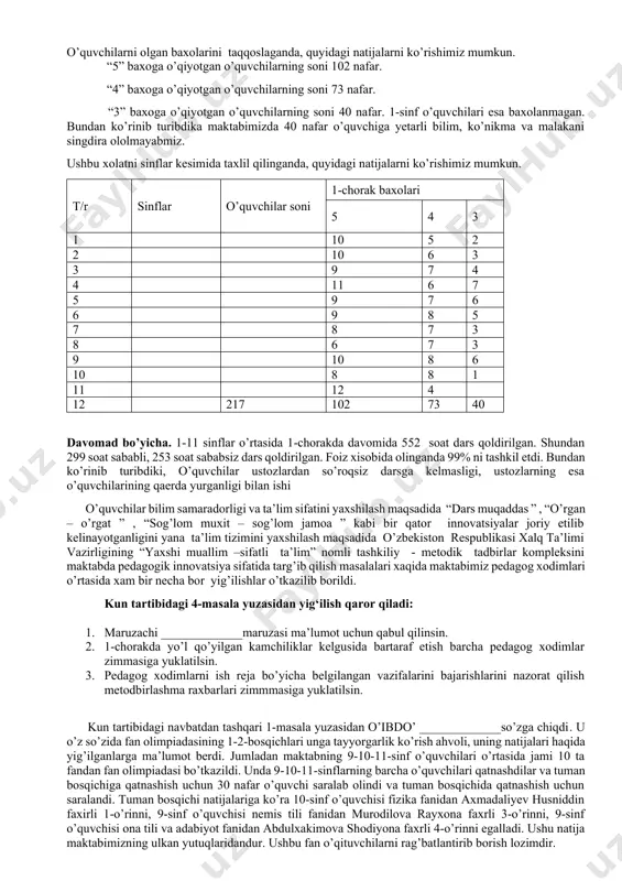 lik xizmatlarini ko‘rsatish tartibi to‘g‘risida nizomni tasdiqlash haqida”gi 343-son hamda o‘zbekiston respublikasi vazirlar mahkamasining 2019- yil 22- apreldagi “xalq ta’limi tizimidagi ta’lim muassasalarining byudjetdan tashqari jamg‘armalari mablag‘larini shakllantirish va ulardan foydalanish tartibi to‘g‘risidagi nizomni tasdiqlash haqida”gi 344-son qarorlari ijrosi to‘g‘risida yig’ilganlarga ma’lumot berdi. maktabning buyjetdan tashqari mablag’lari hisobidan tushayotgan mablag’lar haqida gapirdi. jumladan maktabning uzum bog’ini foydalanish uchun ijaraga berilganligini, uning bir qismi sotilganligini, qolgan qismi qishga sotish uchun saqlab qo’yilganligini ma’lum qildi. bu borada kasaba uyushmasi ham tushayotgan mablag’larni hisoblab borayotganligini takidladi. ushbu mablag’larni maktabning buyjetdan tashqari mablag’lar hisobiga 414 ga o’tkazilishini ma’lum qildi. kun tartibidagi 2-masala yuzasidan yig‘ilish qaror qiladi: 1. maruzachi _____________ning maruzasi ma’lumot va ijro uchun qabul qilinsin. 1. buyjetrdan tashqari mablag’larni o’z o’rnida sariflanishi yuzasidan doimiy kuzatuv kengashi va kasaba uyushmasining nazorati o’rnatilsin. kun tartibidagi 3-masala yuzasidan o’ibdo’ _____________so’zga chiqdi va o’quv yilining 1-choragida kundalik.com dagi o’quvchilar, o’qituvchilar va ota onalarning faolligi haqida gapirib yig’ilganlarga …