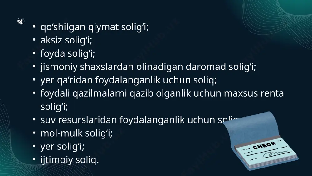 slarning soliq hisobotini taqdim etish tartiblari, shuningdek soliq organlari bilan hamkorlik qilish prinsiplari ko‘rsatilgan. xususan, yirik soliq to‘lovchilar uchun maxsus inspeksiyalar tashkil etilganligi ta’kidlanadi. ijara (lizing) to‘lovlari kabi moliyaviy operatsiyalar soliq hisob-kitoblarida alohida e’tiborga olinadi. soliq to‘lovni amalga oshirish muddatlari soliq kodeksining 47-bob 340-moddasida turli soliq turlari bo‘yicha to‘lov muddatlari aniq belgilangan. masalan, daromad solig‘i har oyning 15-sanasigacha, ko‘chmas mulk solig‘i esa yil yakunida bir martalik to‘lov sifatida amalga oshirilishi ko‘zda tutilgan. ortiqcha to‘langan soliq summasi holatlarida to‘lovchining arizasiga ko‘ra ortiqcha summalar qaytarilishi yoki kelgusi to‘lovlar hisobiga o‘tkazilishi mumkin. soliq kodeksining 25-moddasiga ko‘ra, o‘zbekiston respublikasi davlat soliq qo‘mitasi, viloyat va tuman darajasidagi soliq inspeksiyalari asosiy vakolatli organlar hisoblanadi. yirik soliq to‘lovchilar bo‘yicha maxsus inspeksiyalar tashkil etilganligi soliq nazoratini differensiallashtirish tamoyilini aks ettiradi. bojxona organlari ham soliq undirish funksiyalarini amalga oshiradi. soliq to‘lovchilarning 70%dan ortig‘i elektron portallar orqali soliq deklaratsiyalarini taqdim etadi. fiskal ma’lumotlar operatori tizimi orqali biznes subyektlarining harakatlari real …