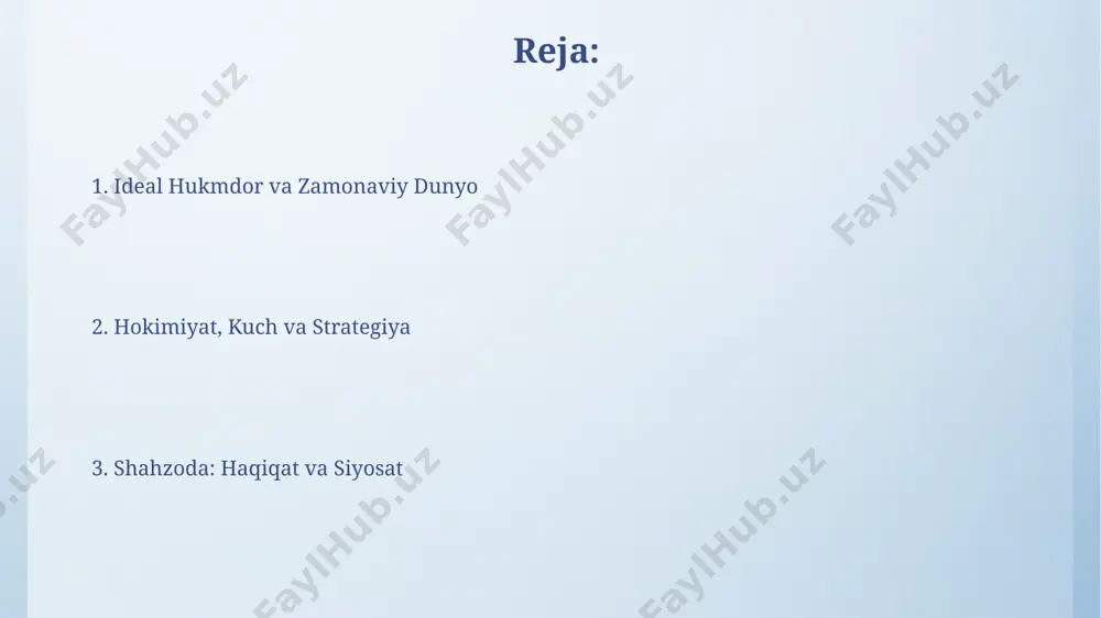 iy amaliyotlardagi samarali qo'llanilishi haqida amaliy maslahatlar va taktik sxemalar keltirilgan. "shahzoda"ning zamonaviy dolzarbligi “shahzoda”ning zamonaviy dolzarbligi siyosiy realpolitikni tahlil qilishda, xususan, xvi asr italiya davlatlari o‘rtasidagi 5 ta yirik kuchning o‘zaro munosabatlarini tushunishda muhim ahamiyat kasb etadi. machiavellining “shahzoda” asari zamonaviy menejment nazariyalariga ta’sir ko‘rsatgan, uning 10 ga yaqin strategik ta’limotlari hozirgi biznes dunyosida ham dolzarb bo‘lib qolmoqda. hukmdorning sifatlari "hukmdorning sifatlari" bo'limida siyosat va diplomatiya sohasida hukmdorning 5 ta turli taktikasini va ularning samaradorligini tahlil qilish mavjud. "hukmdorning sifatlari"da shahzoda 7 ta asosiy fazilatga ega bo'lishi kerakligi ta'kidlanadi, ular orasida adolat, jasorat va donolik muhim o'rin tutadi. e'tiboringiz uchun rahmat @taqdimot_robot image4.png image5.jpg image6.jpg image7.jpg image8.jpg image9.jpg image10.jpg image11.jpg image3.jpeg