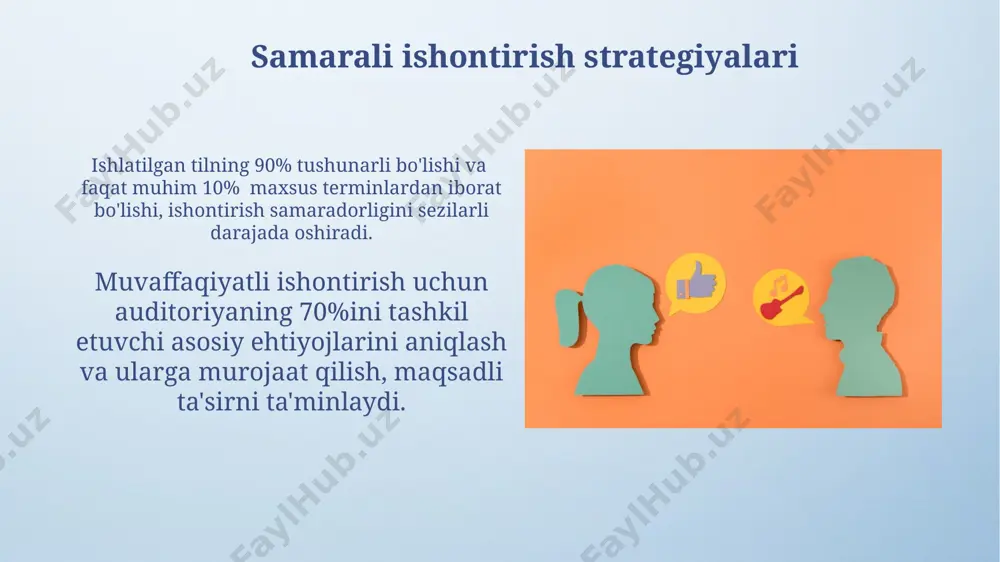 dashuv va ishontirish “o‘z-o‘zini anglash” texnikasi individual yondashuvda muhim ahamiyatga ega bo‘lib, shaxsning ichki motivatsiyasini 2 barobar oshirish va maqsadga erishish ehtimolini yuqorilaytiradi. individual yondashuv, muloqotning 3 bosqichli modeli (taʼsir qilish, tushuntirish, kelishuvga erishish) orqali shaxsning qarashlarini o‘zgartirishga yordam beradi va 70% ga yaqin muvaffaqiyatga erishiladi. maslahat berish va ishontirish maslahat berishda 3 ta asosiy usul – muloqot, emotsional bog'lanish va mantiqiy dalillarni qo'llash – ishlatilishi kerak; samaradorlik 70% ga yetganda muvaffaqiyatga erishiladi. maslahat va ishontirishning samaradorligi shaxsning psixologik xususiyatlari, motivatsiyasi va qabul qilishga tayyorligi kabi 2-3 ta omilga bog'liq bo'ladi. o'z-o'zini boshqarishga o'rgatish o'z-o'zini boshqarishni o'rgatishda "motivatsiya nazariyasi" va "ijtimoiy ta'sir" kabi psixologik kontseptsiyalardan foydalanish, bolalarning xatti-harakatlarini o'zgartirishda 2 baravar samarali bo'ladi. bolalarda o'z-o'zini boshqarish ko'nikmalarini rivojlantirishda 70% ijobiy mustahkamlash va 30% tuzatishlarni qo'llash tavsiya etiladi, bu muvozanatni saqlashga yordam beradi. muloqot va ishontirish noverbal muloqot (mimika, imo-ishoralar) insonni ishontirishda 55% ta’sir ko‘rsatadi, shuning uchun tananing holatini nazorat qilish …