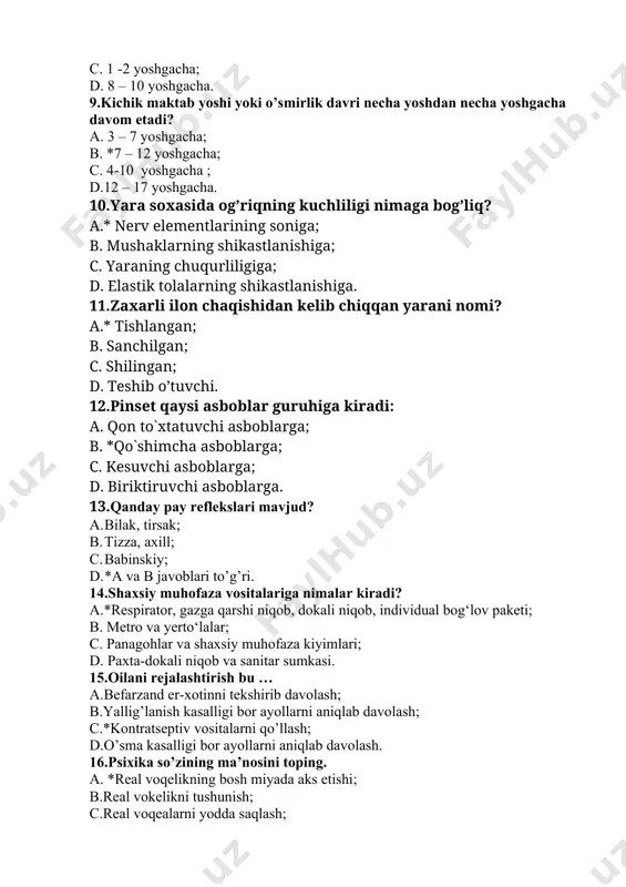 shilingan; d. teshib o’tuvchi. 12.pinset qaysi asboblar guruhiga kiradi: a. qon to`xtatuvchi asboblarga; b. *qo`shimcha asboblarga; c. kesuvchi asboblarga; d. biriktiruvchi asboblarga. 13.qanday pay reflekslari mavjud? a. bilak, tirsak; b. tizza, axill; c. babinskiy; d. *a va b javoblari to’g’ri. 14.shaxsiy muhofaza vositalariga nimalar kiradi? a.*respirator, gazga qarshi niqob, dokali niqob, individual bog‘lov paketi; b. metro va yerto‘lalar; c. panagohlar va shaxsiy muhofaza kiyimlari; d. paxta-dokali niqob va sanitar sumkasi. 15.oilani rejalashtirish bu … a.befarzand er-xotinni tekshirib davolash; b.yallig’lanish kasalligi bor ayollarni aniqlab davolash; c.*kontratseptiv vositalarni qo’llash; d.o’sma kasalligi bor ayollarni aniqlab davolash. 16.psixika so’zining ma’nosini toping. a. *real voqelikning bosh miyada aks etishi; b.real vokelikni tushunish; c.real voqealarni yodda saqlash; d.ruhlar haqida ta’limot. 17.yuqumli kasallikni qanday qo’zg’atuvchilar chaqiradi ? a. *patogen mikroorganizmlar, bakteriyalar, viruslar, riketsiyalar ; b. kokklar , zamburug’lar, viruslar,riketsiyalar; c. faglar, kokklar , virus, riketsiyalar; d. bakteriyalar, viruslar, zamburug`lar. 18.hamshiralik jarayonini amalga oshirishda rejani tuzish nimaga asoslanadi? …