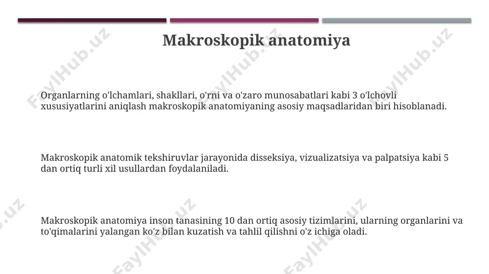haklarning birikish joylari bo'yicha taqqoslash – soliqshtirma anatomiyaning asosiy tadqiqot usullaridan biridir. soliqshtirma anatomiya, organizmlarning turli guruhlari (masalan, umurtqali va umurtqasizlar) orasidagi 30 dan ortiq umumiy anatomik xususiyatlarni taqqoslash va ularning evolyutsion kelib chiqishini o'rganish bilan shug'ullanadi. klinik morfologiya klinik morfologiya diagnostikada 5 ga yaqin asosiy usuldan foydalanadi: gistopatologik tekshiruv, sitologiya, immunogistokimyo, elektron mikroskopiya va molekulyar genetik tahlillar. klinik morfologiyada 3 o'lchovli tasvirlash texnologiyalari, masalan, kt va mrt, patologik jarayonlarni aniqlash va tahlil qilishda muhim rol o'ynaydi, bu esa aniq diagnostika qo'yishga yordam beradi. klinik morfologiya inson tanasining 100 dan ortiq to'qimalari va organlarining mikroskopik tuzilishi va funksiyalarini o'rganadi, shu jumladan gistologiya va sitologiya kabi sohalarni o'z ichiga oladi. patologik morfologiya patologik morfologiyaning asosiy vazifasi 30 dan ortiq turdagi to'qima va organlarning kasallikdagi o'zgarishlarini mikroskopik darajada o'rganishdir. patologik jarayonlarni aniqlashda gistologik va sitologik tekshiruvlar, shu jumladan immunogistokimyoviy bo'yash usullari 80% dan yuqori aniqlikni ta'minlaydi. patologik morfologiya o'rganish obyekti sifatida hujayra …