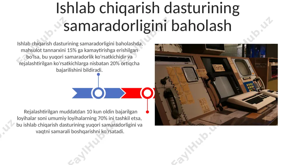 r shikoyatlari soni 20% ga kamayishi va mijozlarning qoniqish darajasi 10% ga oshishi kuzatiladi. sifatni boshqarish tizimi iso 9001 standartiga muvofiq sertifikatlangan bo'lsa, mahsulot sifatini 15% ga oshirish va 5% ga chiqindilarni kamaytirish mumkin. resurslarni baholash va rejalashtirish resurslarni baholashda kamida 3 ta asosiy omil – ishchi kuchi, texnika va moliyaviy mablag'larni miqdorini aniqlash va ularning samaradorligini tahlil qilish zarur. rejalashtirish jarayonida, 5-10% gacha zahira resurslarni hisobga olish, kutilmagan xarajatlar va kechikishlarni oldini olishga yordam beradi. xodimlarni tayyorlash va malakasini oshirish xodimlar malakasini oshirish bo'yicha o'tkazilgan treninglar natijasida mahsulot sifatining 10% ga oshishi va ish unumdorligining 15% ga o'sishi kuzatildi. korxona xodimlarining 80% i keyingi 2 yil ichida malaka oshirish kurslarini tamomlash va sertifikat olishni rejalashtirmoqda, bu esa yangi texnologiyalarni joriy etishga yordam beradi. e'tiboringiz uchun rahmat @taqdimot_robot image4.jpg image5.jpg image6.jpg image7.jpg image8.jpg image9.jpg image10.jpg image11.jpg image12.jpg image13.jpg image14.jpg image15.jpg image1.jpeg image2.jpeg