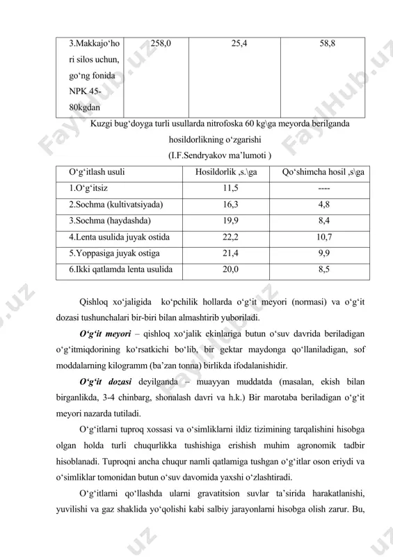 shaklda bo‘lganligi sababli, odatda ular tuproq profili bo‘yicha juda ham sekin harakatlanadi. shuning uchun fosforni o‘simliklarning asosiy ildiz tizimi tarqaladigan qatlamdan yuvilishi juda kam miqdorda bo‘ladi. ma’lumki, kaliy tuproqning singdirish kompleksi (tsk) tomonidan almashinib singdirilgan bo‘ladi. qumli va qumloq tuproqlardan kamroq miqdorda kaliy yuvilishi mumkin. fosfor va kaliyni tuproqda fiksatsiyalanishi juda tez (tuproqqa tushgach 1-2 kunda) sodir bo‘ladi. bunda fosforning anchagina qismi (60-70 foizi) qiyin o‘zlashtiriladigan birikmalar tarkibiga o‘tadi. odatda kukunsimon holatdagi fosforli o‘g‘itlar donador fosforli o‘g‘itlarga nisbatan tuproqbilan tezda bog‘lanib qiyin o‘zlashtiriladigan shaklga o‘tadi. fosforli va kaliyli o‘g‘itlar ekishgacha tuproqning yuza qatlamlariga solinganda, ularning asosiy qismi o‘simliklar tomonidan o‘zlashtirilmay qoladi. o‘suv davrida oziqlantirgich moslama yordamida beriladigan qo‘shimcha oziqlantirish to‘g‘risida ham shunday fikr yuritish mumkin. shu sababdan ham fosforli va kaliyli o‘g‘itlar yillik meyorining asosiy qismi (50-60 foizi) kuzgi shudgor ostiga beriladi. tuproqlarning mexanikaviy tarkibi, suv rejimi va o‘g‘itmeyoriga bog‘liq holda yil davomida bir gektar maydondan 1-30 kg azot (yerga …