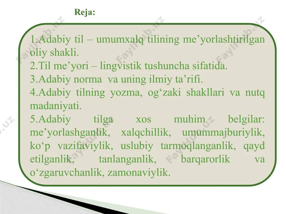 tqda qo‘llanish shart-sharoitlarini, qonuniyatlarini nazariy jihatdan asoslaydi hamda bu me’yorga amal qilishni bir jihatdan nazorat ham qilib boradi. nutqdagi yutuq va kamchiliklar tahlil qilinib, bu kamchiliklarni tugatishning eng ma’qul yo‘llari ko‘rsatib turiladi. nutq madaniyati keng miqyosdagi til tarbiyasini va ommaviy stilistik savodxonlikni, boshqacha aytganda, so‘zlovchi va yozuvchi omma orasida til haqidagi fanning hozirgi zamon yutuqlarini tatbiq etishni o‘z oldiga vazifa qilib qo‘yadi. . . b.n.golovin: «norma — bu til birliklarini o‘zaro yaxshi tushunish zarurati tufayli undan foydalanadigan xalq tomonidan yaratilgan, til qurilishining amalda bulgan xususiyatidir. aynan mana shu zarurat til sistemasining yagonaligiga erishish yo`lida odamlarga biron variantni ma’qul ko‘rish, boshqasidan voz kechish istagini tug‘diradi. jamiyatning ana shunday yagonalikka erishish yo‘lidagi intilishi bilan birgalikda til normasi milliy adabiy tilda yuqori darajaga ko‘tarilib, mustahkamlanib boradi» ba’zi tilshunoslar o‘zbek tili doirasidagi normalarni ikkiga bo‘lib o‘rganishni tavsiya qiladi: 1. tilning umumnormasi yoki umumiy norma. 2. tilning xususiy normalari yoki xususiy norma. umumiy norma ma’lum …