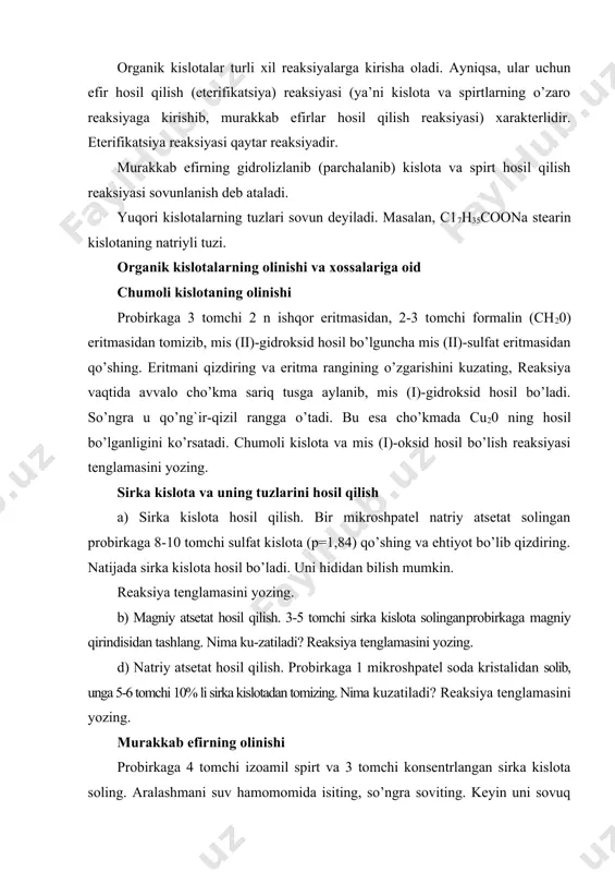 g va nima uchun konsentrlangan h2s04 qo’shilganligini izohlang. oksalat kislotaning oksidlanishi oksalat kislotaning 5 tomchi 10% li eritmasi solingan probirkaga 0,1 n kmn04 eritmasidan va 10% li n2504 eritmasidan 3 tomchidai soling, eritma och qizil rangga bo’yaladi, gaz ajraladi va eritma rangsizlanadi. qanday gaz ajralib chiqadi? oksalat kislotaning oksidlanish reaksiyasi tenglamasini yozing. bunda mn+7 ionining mn2+ ioniga aylanishini hisobga oling. kalsiy oksalatning olinishi va uning kislotalarga munosabati probirkaga oksalat kislotaning 10% li eritmasidan 5 tomchi va cac12 ning10% li eritmasidan 2 tomchi tomizing. kalsiy oksalatning oq cho’kmasi hosil bo’ladi. reaksiya tenglamasini yozing. cho’kmani eritmasi bilan ikkita probirkaga bo’ling. birinchi probirkaga 5 tomchi 1 n sirka kislota eritmasidan tomizing. cho’kma erimaydi. ikkinchi probirkadagi cho’kma erib ketguncha 10% li hc1 eritmasidan tomchilatib qo’shing. nima uchun cho’kma sirka kislotada erimaydi? kalsiy oksalatning hc1 da erish reaksiyasi tenglamasini yozing. adabiyotlar: 1. q. axmerov, a. jalilov, r. sayfutdinov. umumiy va anorganik kimyo. toshkent: “o’zbekiston”, 2003. …