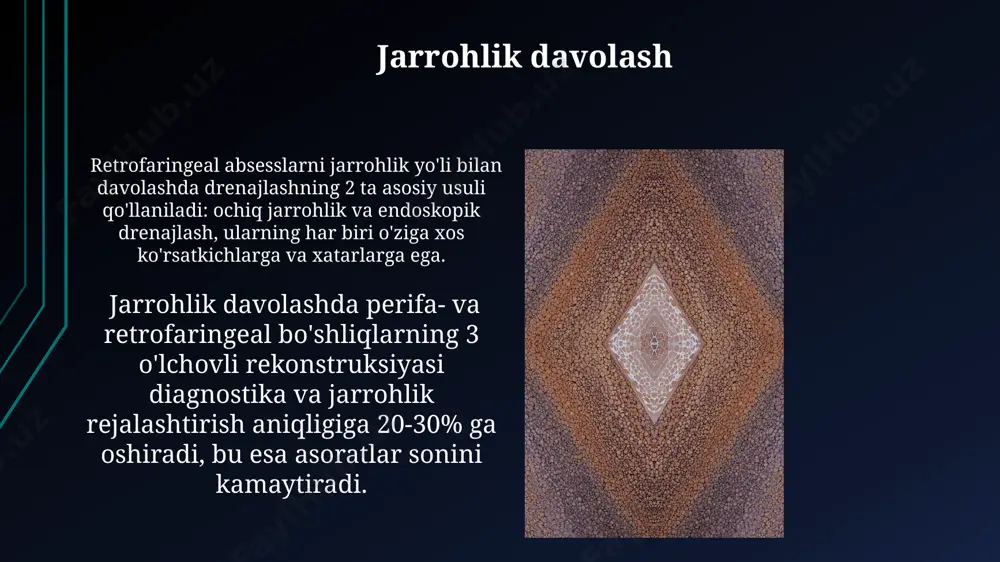 бсцессларни инобатга олиш зарур. oldini olish oldini olish uchun retrofaringeal xo'nalarning anatomiyasini 3d tasvirlar yordamida chuqur o'rganish, 70% hollarda xatoliklarni kamaytirishga yordam beradi. bolalarda faringeal absseslarning oldini olishda 2 yoshgacha bo'lgan chaqaloqlarda emizishni davom ettirish va 3 yoshdan keyin to'g'ri ovqatlanish muhim ahamiyatga ega. asoratlar асоралар, хусусан перифарингеал ва ретрофарингеал фазолардаги абсцесслар, кўпинча 35-45 ёшли кишиларда учрайди ва бош мияга яқинлиги туфайли хавфли асоратларга олиб келиши мумкин. перифарингеал ва ретрофарингеал абсцессларнинг 15% га яқини медиастенит каби жиддий асоратларга олиб келиши, яъни кўкрак бўшлиғи инфекциясига сабаб бўлиши мумкин. abseslarning klinik ko'rinishi retrofaringial abseslar ko'pincha 3-7 yoshli bolalarda uchraydi va yuqori nafas yo'llarining infektsiyalari bilan bog'liq bo'lib, yuqori isitma, bo'yin og'rig'i va qiyin yutish bilan namoyon bo'ladi. taxminan 10% hollarda retrofaringial abseslar asfiksiya xavfini keltirib chiqarishi mumkin, bu esa nafas yo'llarining obstruktsiyasi va hayot uchun xavfli holatlar bilan xarakterlanadi. adabiyotlar тадқиқотларда перифарингеал абсцесснинг 75% ҳолатларида клиник белгиларнинг ноаниқлиги ва диагностиканинг қийинчиликлари қайд …