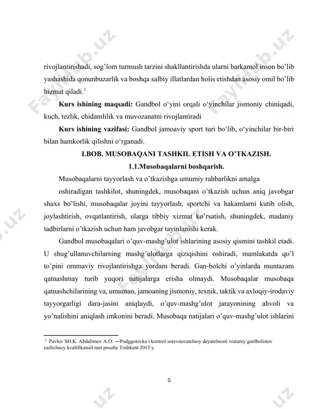 kasi madaniyat va sport ishlari vazirligi barcha idoralar va sport tashkilotlari bilan kelishib, musobaqalarning taqvim rejasini ishlab chiqadi. o’zbekiston respublikasi gandbol federatsiyasining viloyat, o’lka va shahar musobaqalari yig’ma taqvim rejasini yuqori tashkilotlar tomonidan rejalashti-rilgan musobaqalarni hisobga olgan holda tuzishi maqsadga muvofiqdir. zarur o’zgartirishlar kiritilgandan keyin, gandbol bo’yicha umumiy yig’ma reja tegishli jismoniy tarbiya va sport qo’mitalarining ommaviy sport tadbirlari rejasiga kiritiladi hamda barcha sport tashkilotlari uchun majburiy hisoblanadi. 1.2. gandbol o’yin qoidalari va maydon o’lchamlari. gandbol o’yin maydoni (1-rasm) uzunligi 40 metr, eni 20 metrli to’rt burchakdan iborat bo’lib, o’z ichiga ikki darvoza maydoni (qoida 1.4. va 6) oladi. maydonni belgilovchi bo’ylama chiziq, yon chiziq, ko’ndalang chiziq yuza chiziq deb ataladi. o’yin maydonining atrofida yon chiziqdan 1 metr va yuza chiziqda 2 metrli xavfsizlik zonasi joylashgan bo’lishi lozim. o’yin jarayonida maydon u yoki bu jamoaga imtiyoz beruvchi o’zlashtirishlar kiritilishi ma‘n etiladi. gandbol darvoza (2-a va 2-b rasmlar) yuza chiziq o’rtasiga …